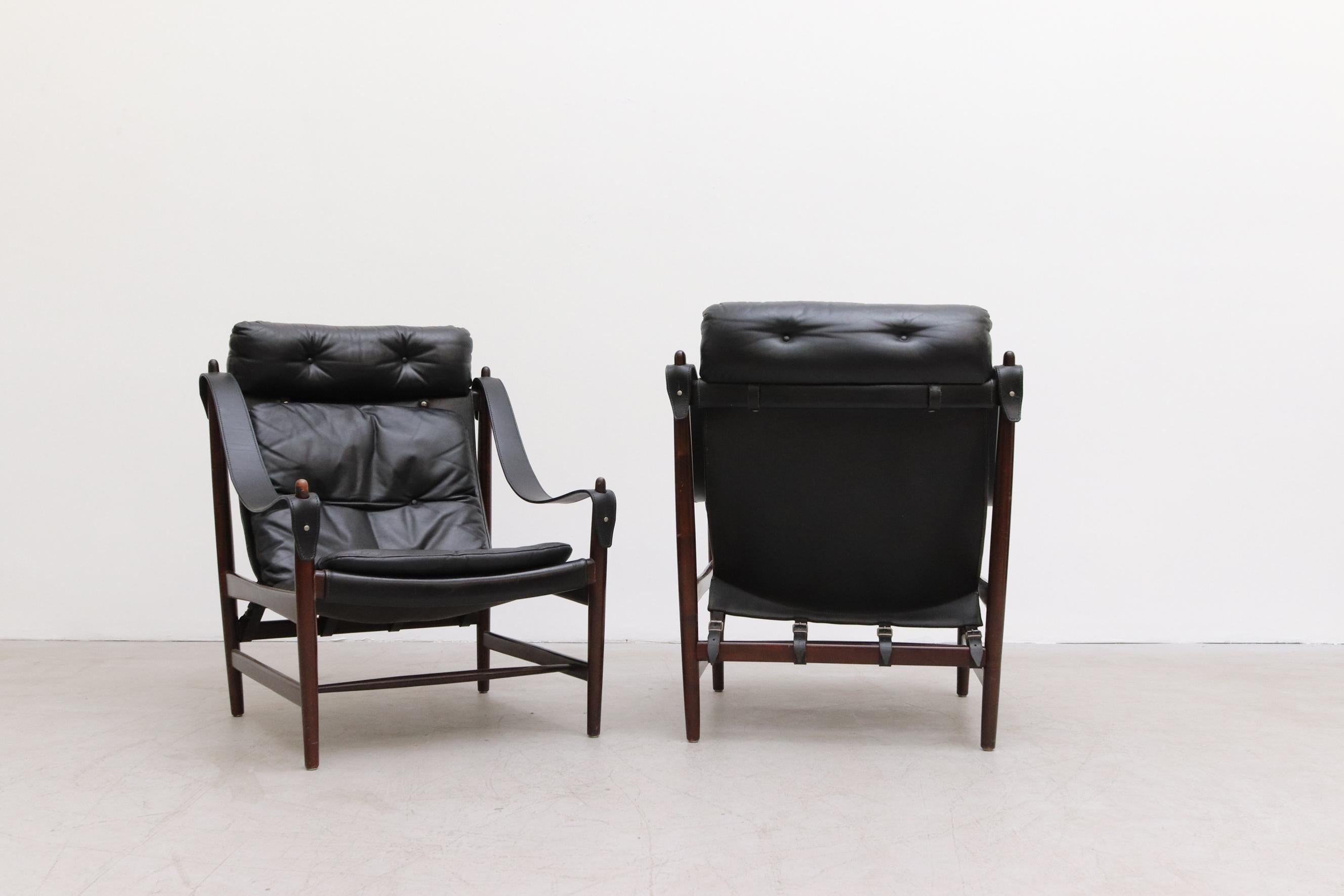 Mid-20th Century Pair of Black Leather Safari Style Lounge Chairs