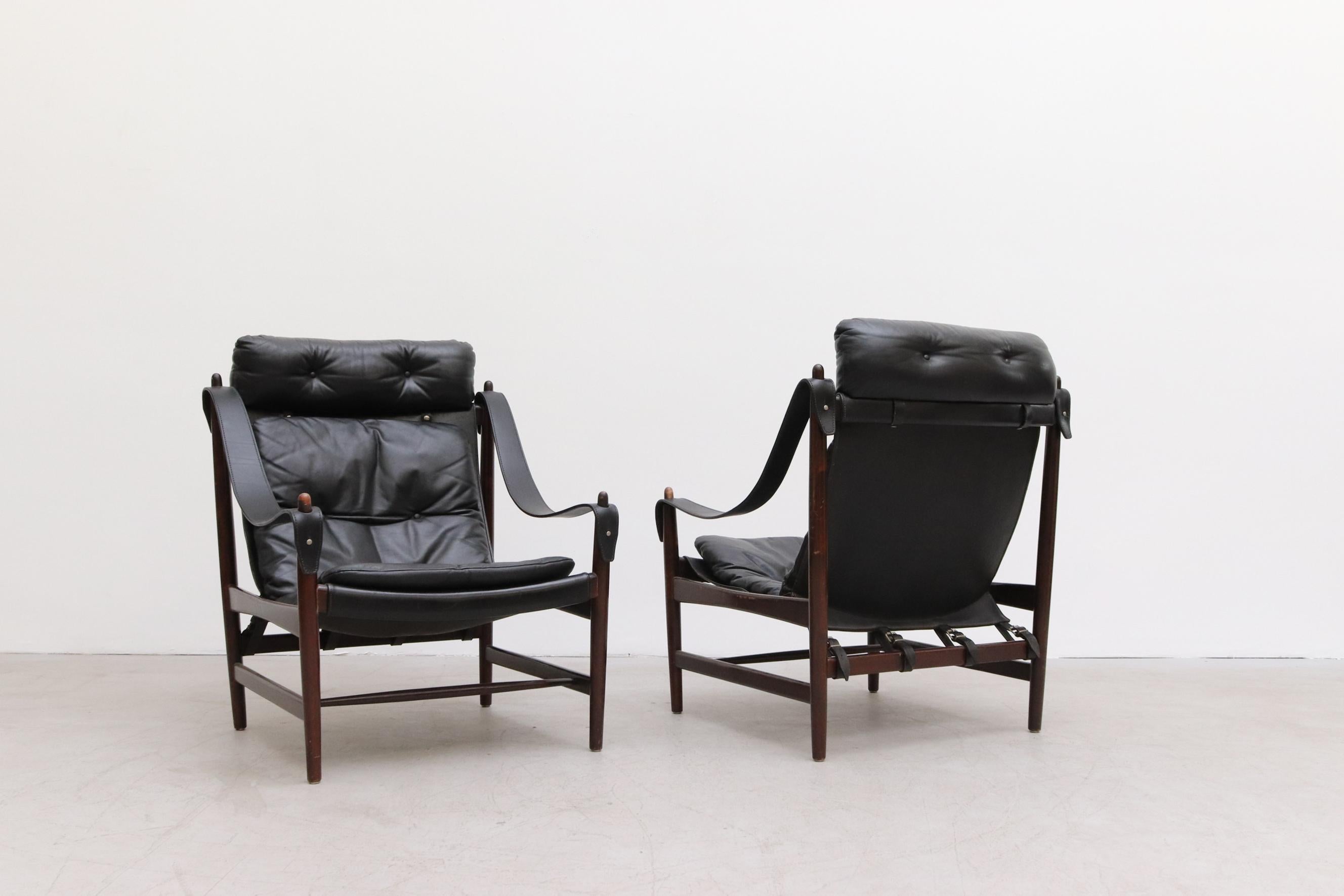 Pair of Black Leather Safari Style Lounge Chairs 1
