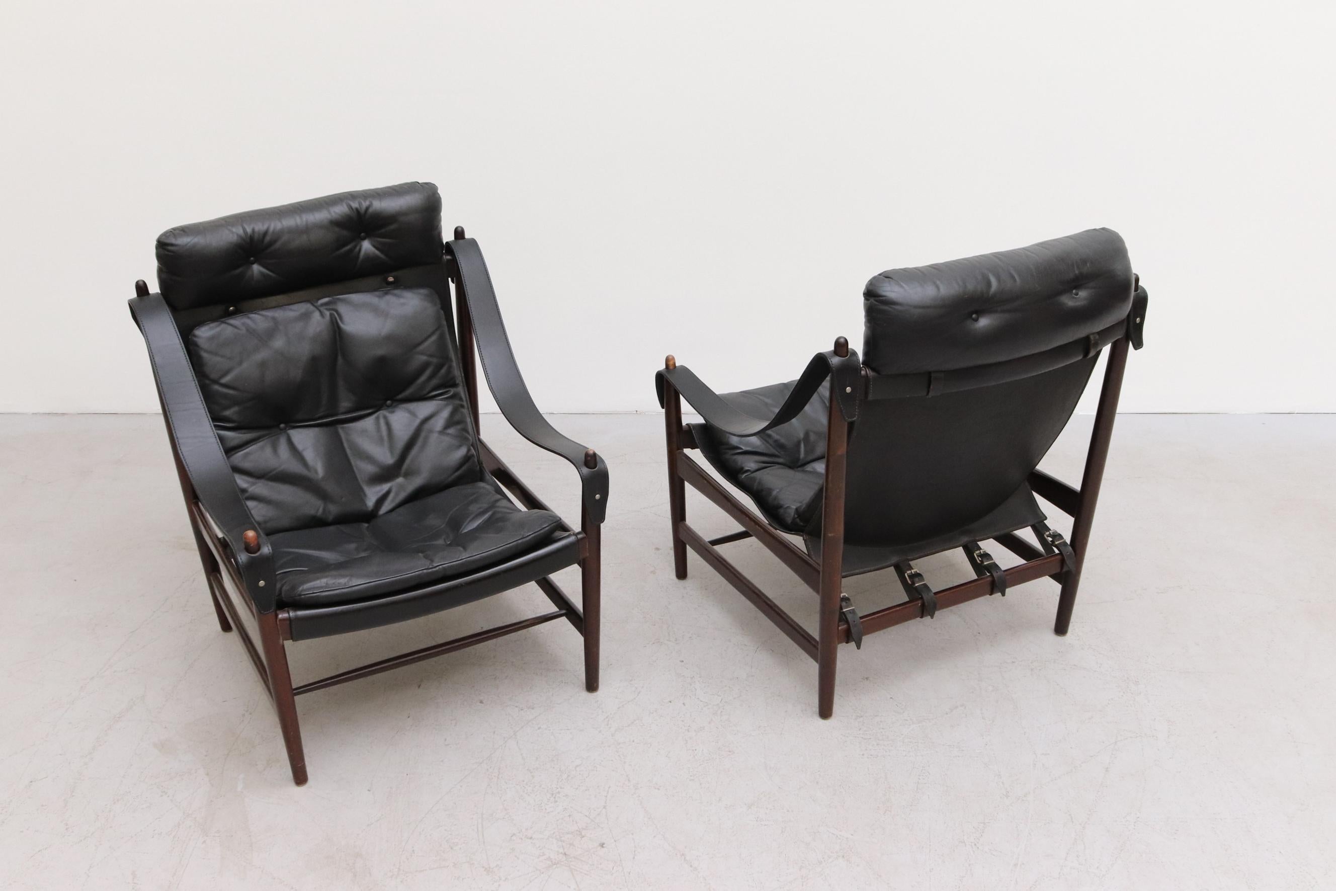 Pair of Black Leather Safari Style Lounge Chairs 2