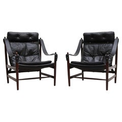Pair of Black Leather Safari Style Lounge Chairs