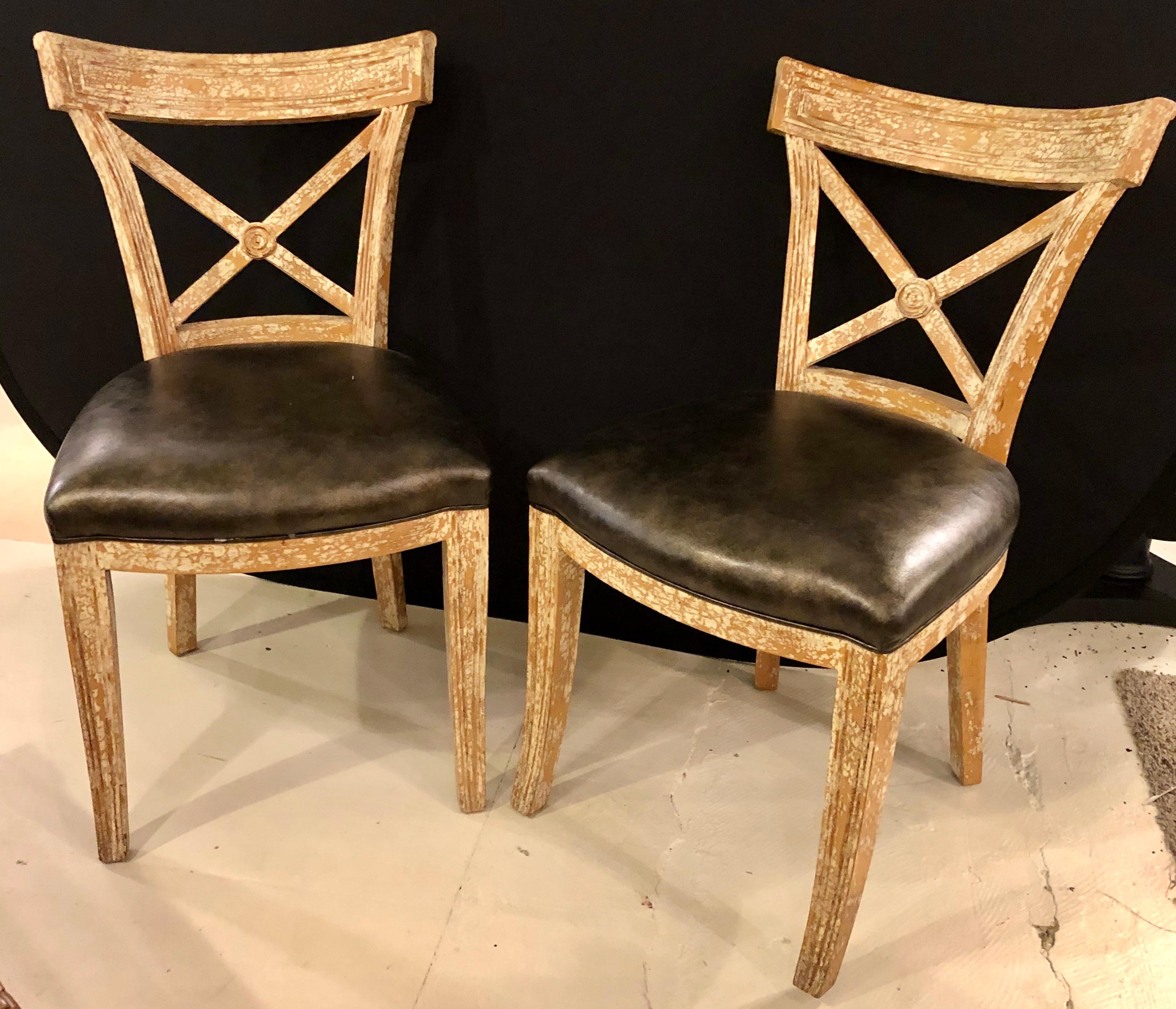 Pair of Black Leather Seat Side Chairs, Hollywood Regency Design In Good Condition In Stamford, CT