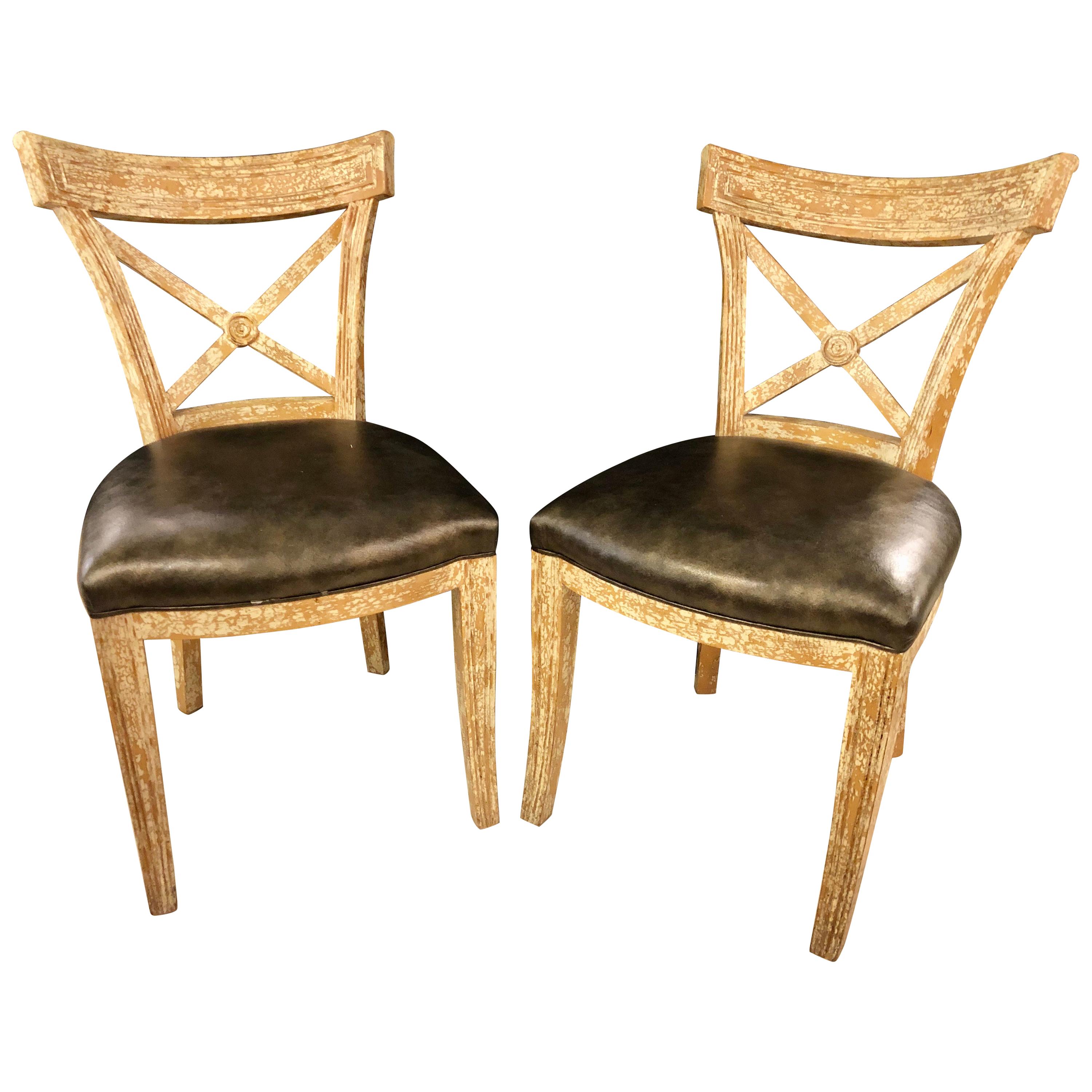 Pair of Black Leather Seat Side Chairs, Hollywood Regency Design