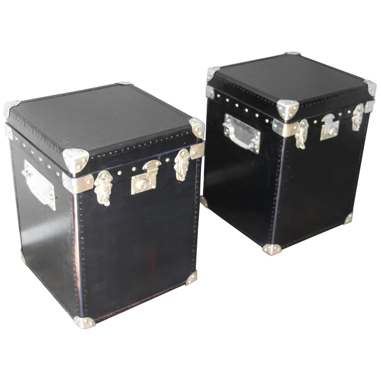 Pair of Black Leather Steamer Trunk, Black Leather Blanket Box, Bedside Cabinet For Sale