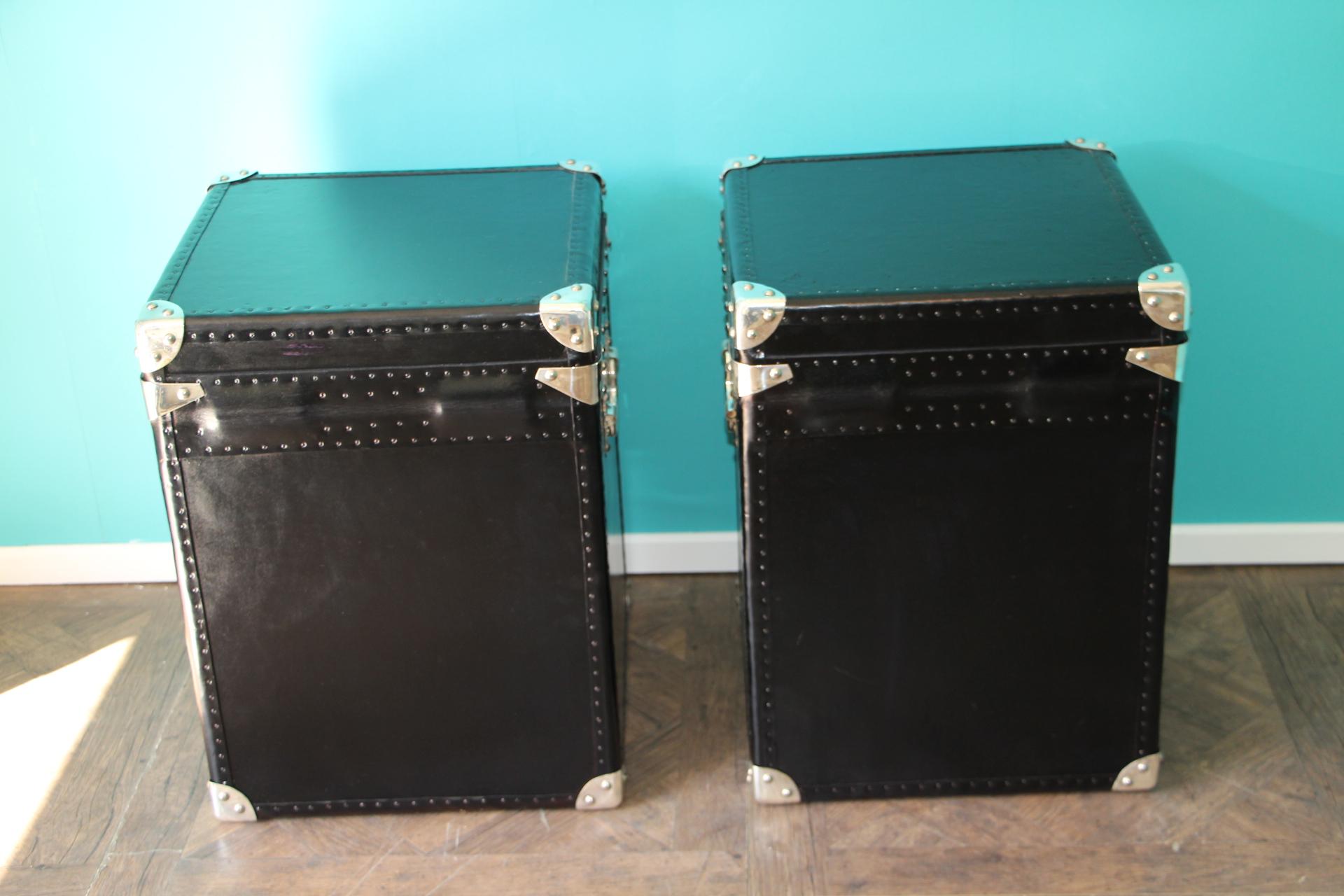 Pair of Black Leather Steamer Trunk, Black Leather Blanket Box, Bedside Cabinet For Sale 3