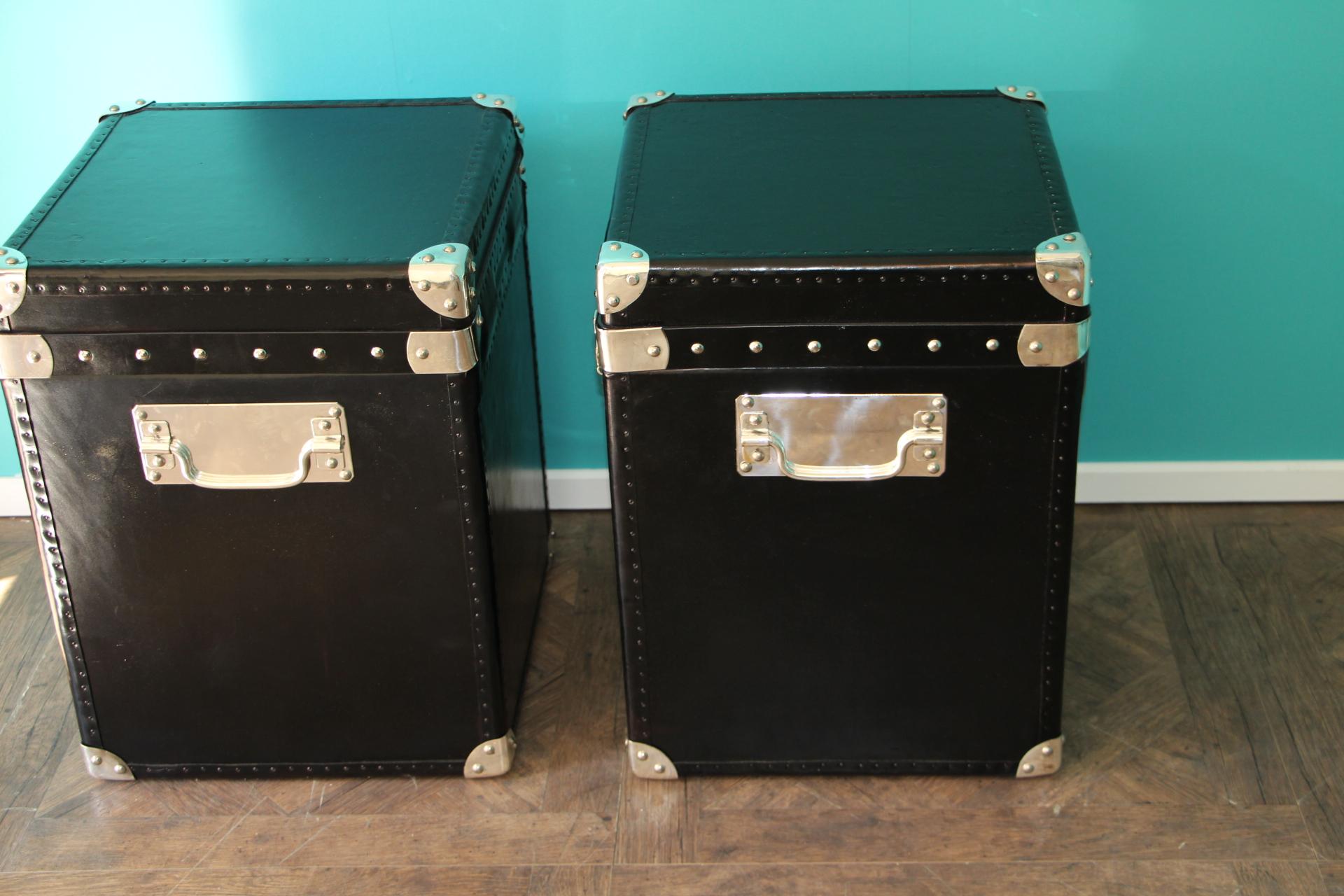 Pair of Black Leather Steamer Trunk, Black Leather Blanket Box, Bedside Cabinet For Sale 4