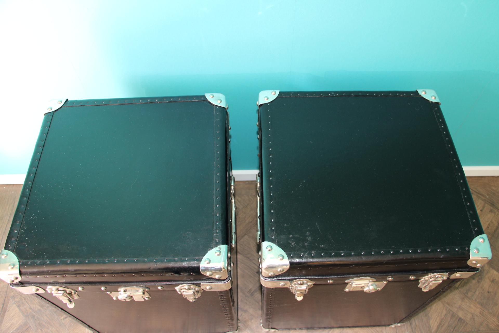 Pair of Black Leather Steamer Trunk, Black Leather Blanket Box, Bedside Cabinet For Sale 1