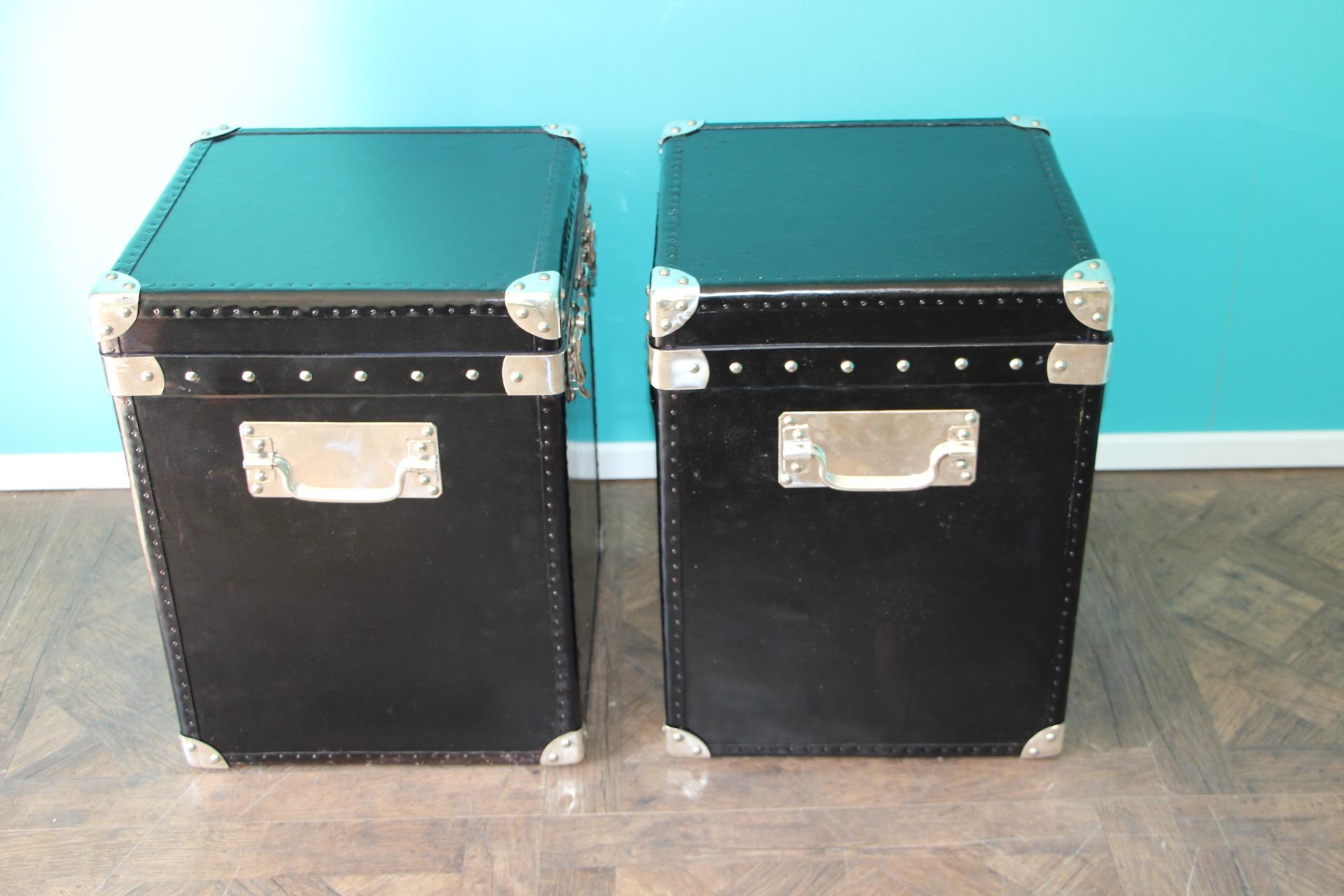 Pair of Black Leather Steamer Trunk, Black Leather Blanket Box, Bedside Cabinet 1