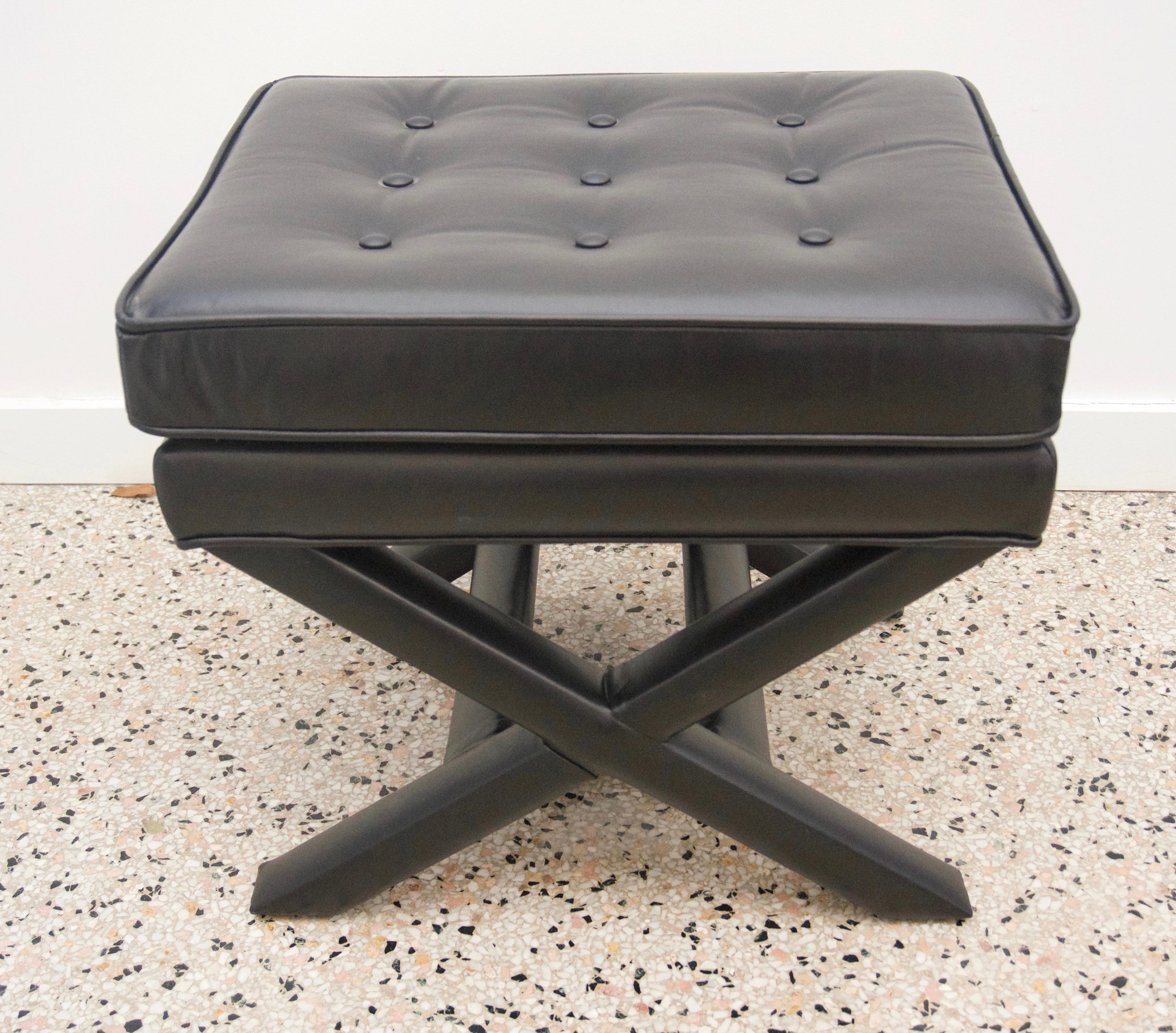 This stylish set of black leather benches were acquired from a Palm Beach estate and will make the perfect addition to you foyer, elevator vestibule or perhaps at the end of the bed.

Note:  Cushion is black leather and the x-frame is faux leather.
 