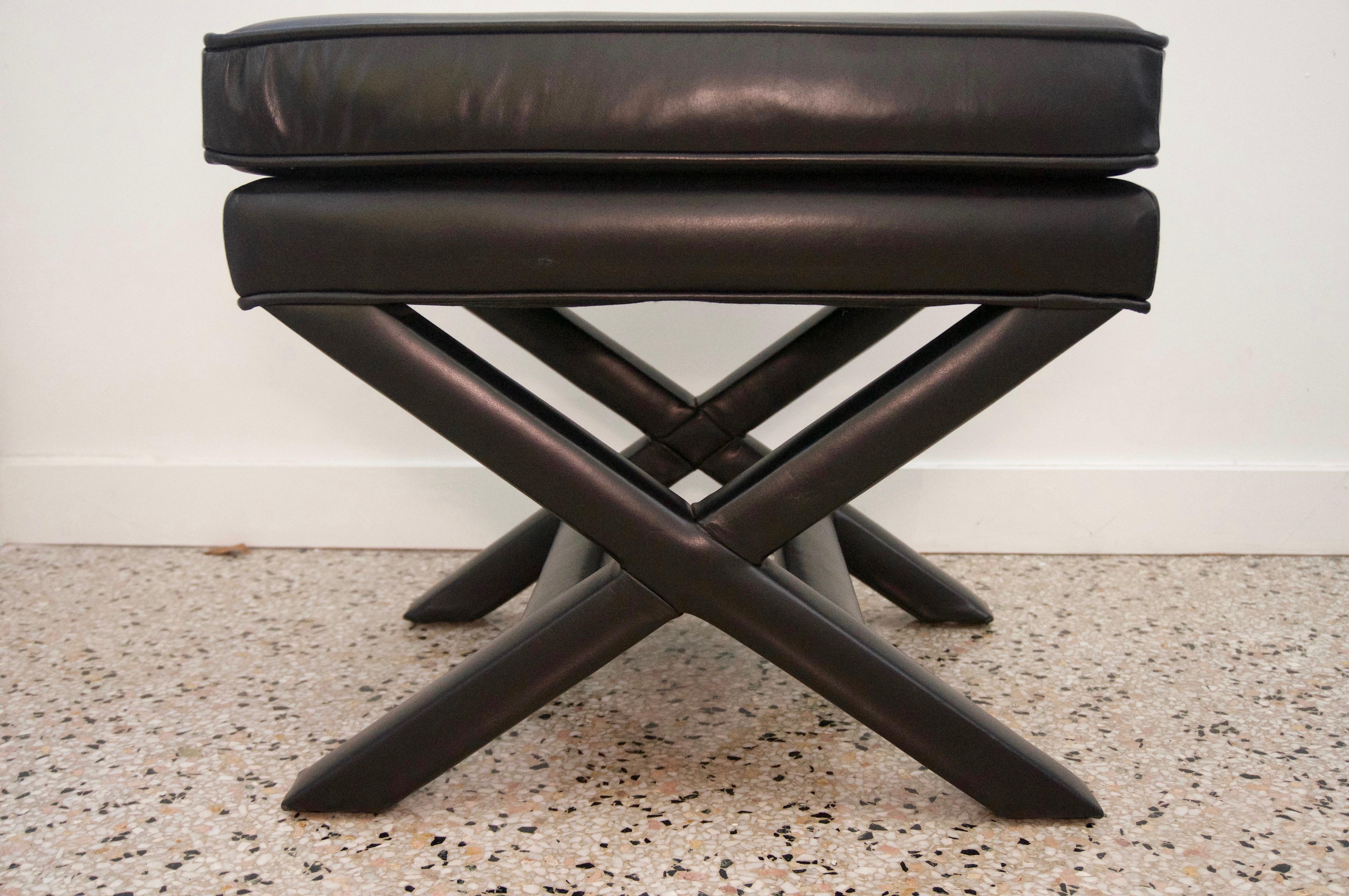 Modern Pair of Black Leather Benches