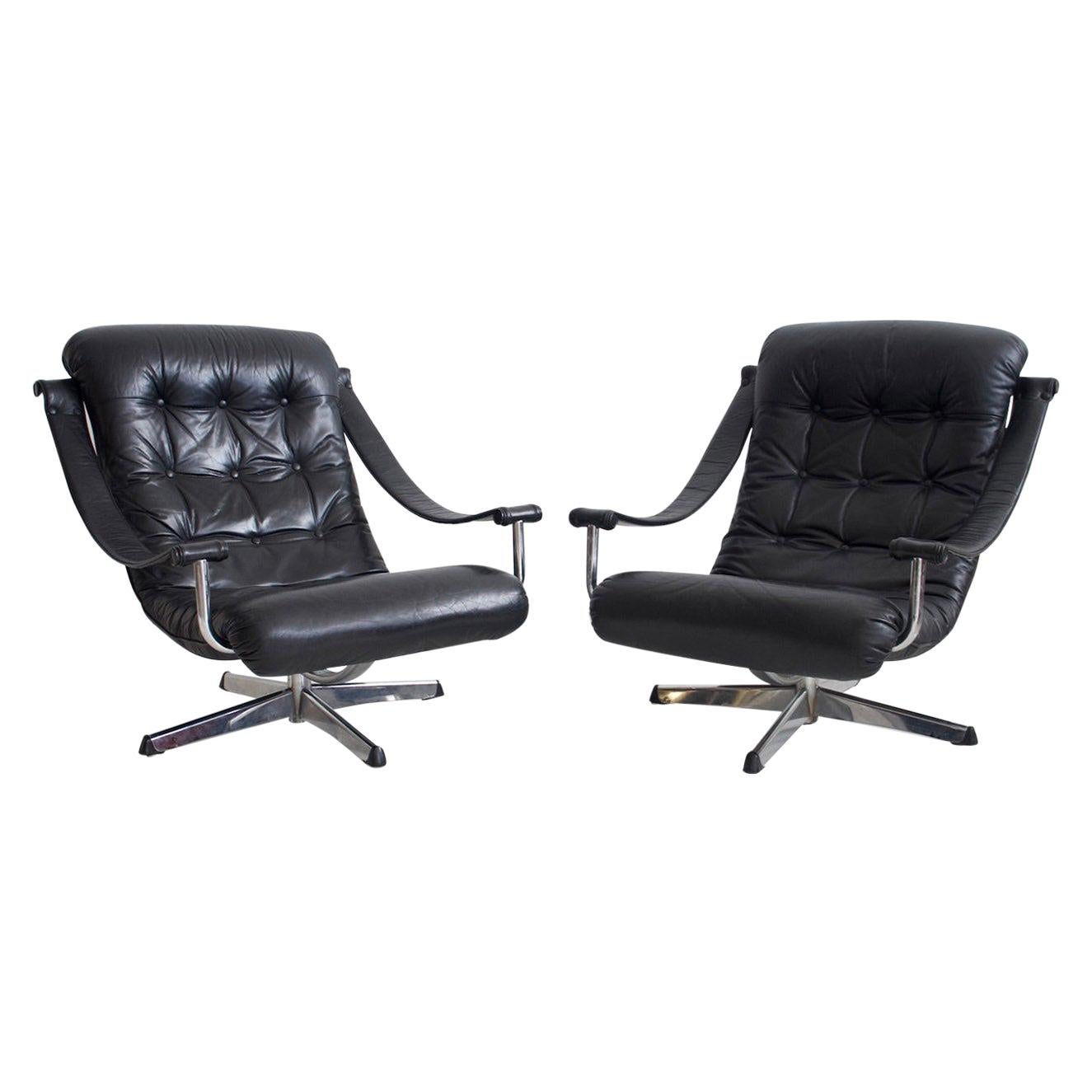 Pair of Black Leather Swivel Chairs by Göte Möbler