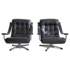 Pair of Black Leather Swivel Chairs by Göte Möbler