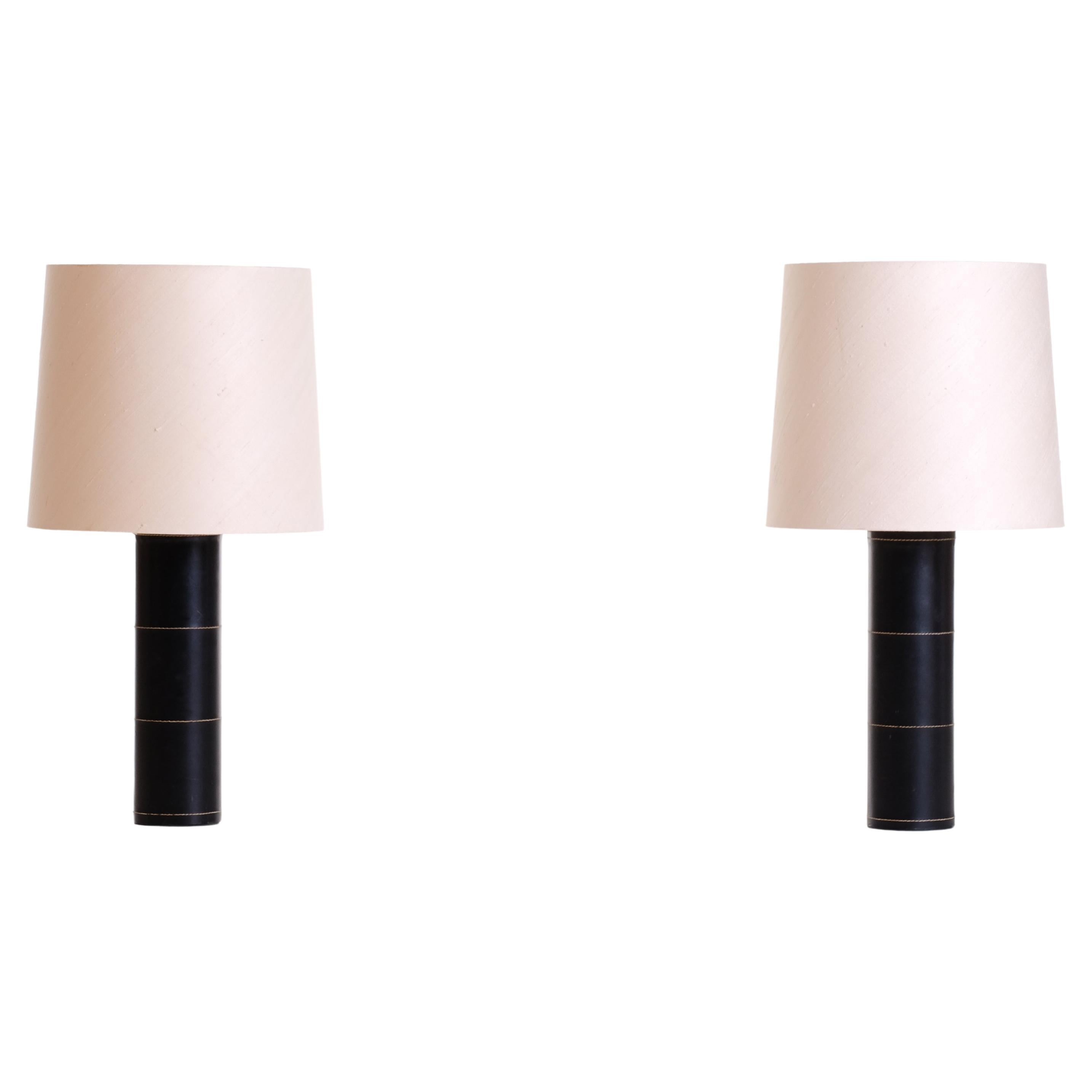 Pair of Black Leather Table Lamps by Bergboms, Sweden, 1960s