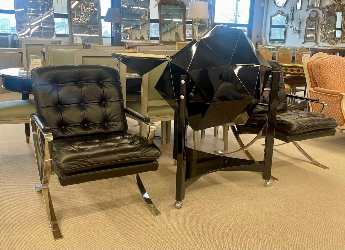 Modern, Mid-Century Style, Lounge Chairs, Black Leather, Chrome, 1980s For Sale 6