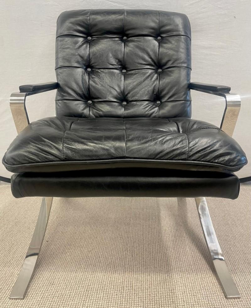 Hollywood Regency Modern, Mid-Century Style, Lounge Chairs, Black Leather, Chrome, 1980s For Sale