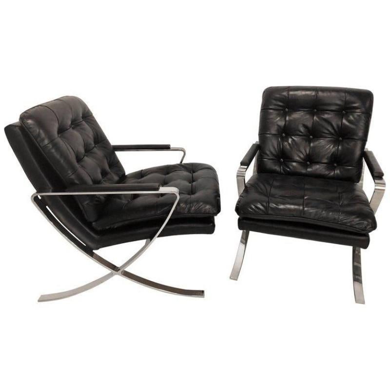 Metal Modern, Mid-Century Style, Lounge Chairs, Black Leather, Chrome, 1980s For Sale