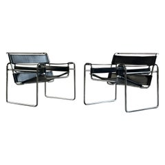 Pair of black leather Wassily armchairs by Marcel Breuer for Gavina/Kiga S.p.A.