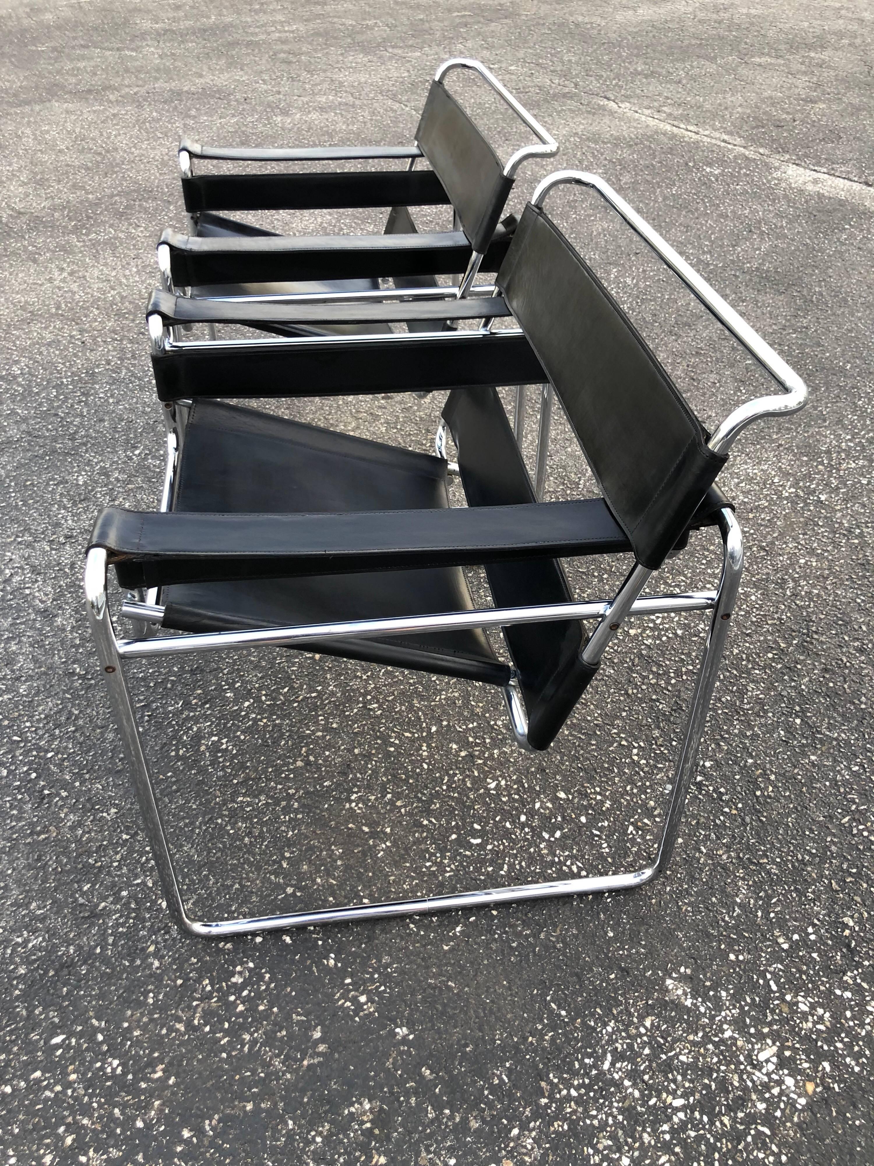 Pair of Black Leather Wassily Chairs In Good Condition In Redding, CT