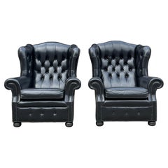 Pair of Black Leather Wing Armchairs