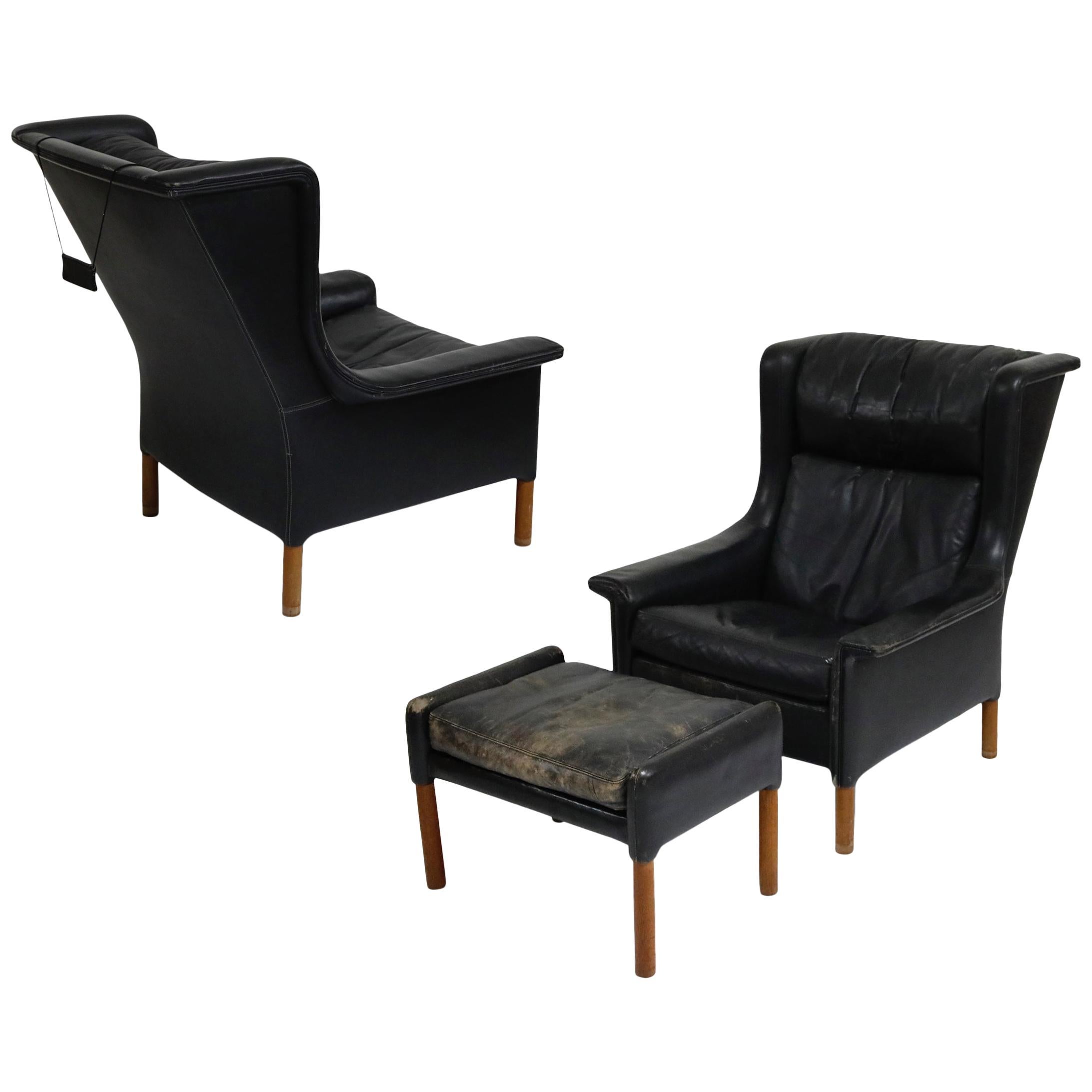 Pair of Black Leather Wingback Chairs and Ottoman by Gerhard Berg, 1965