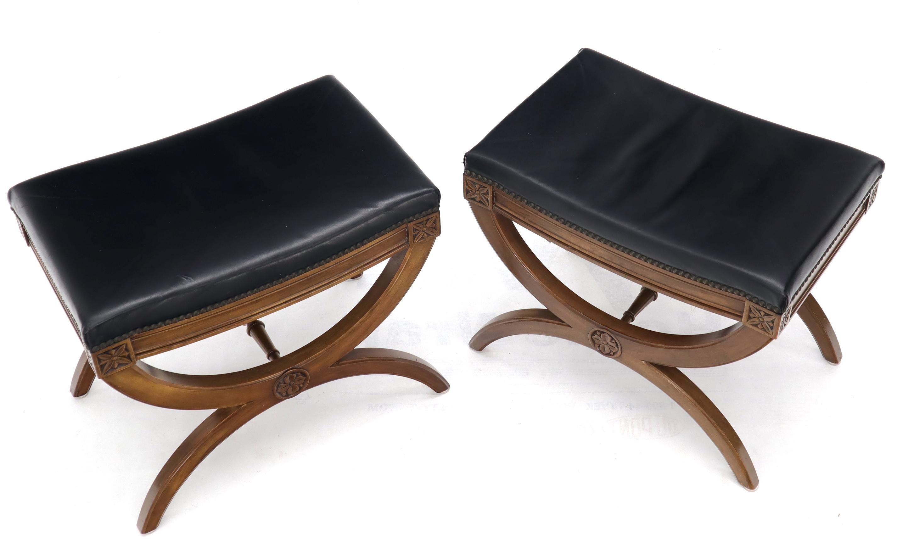 Pair of high quality vintage X-base fruitwood benches by Kindel Furniture Co.