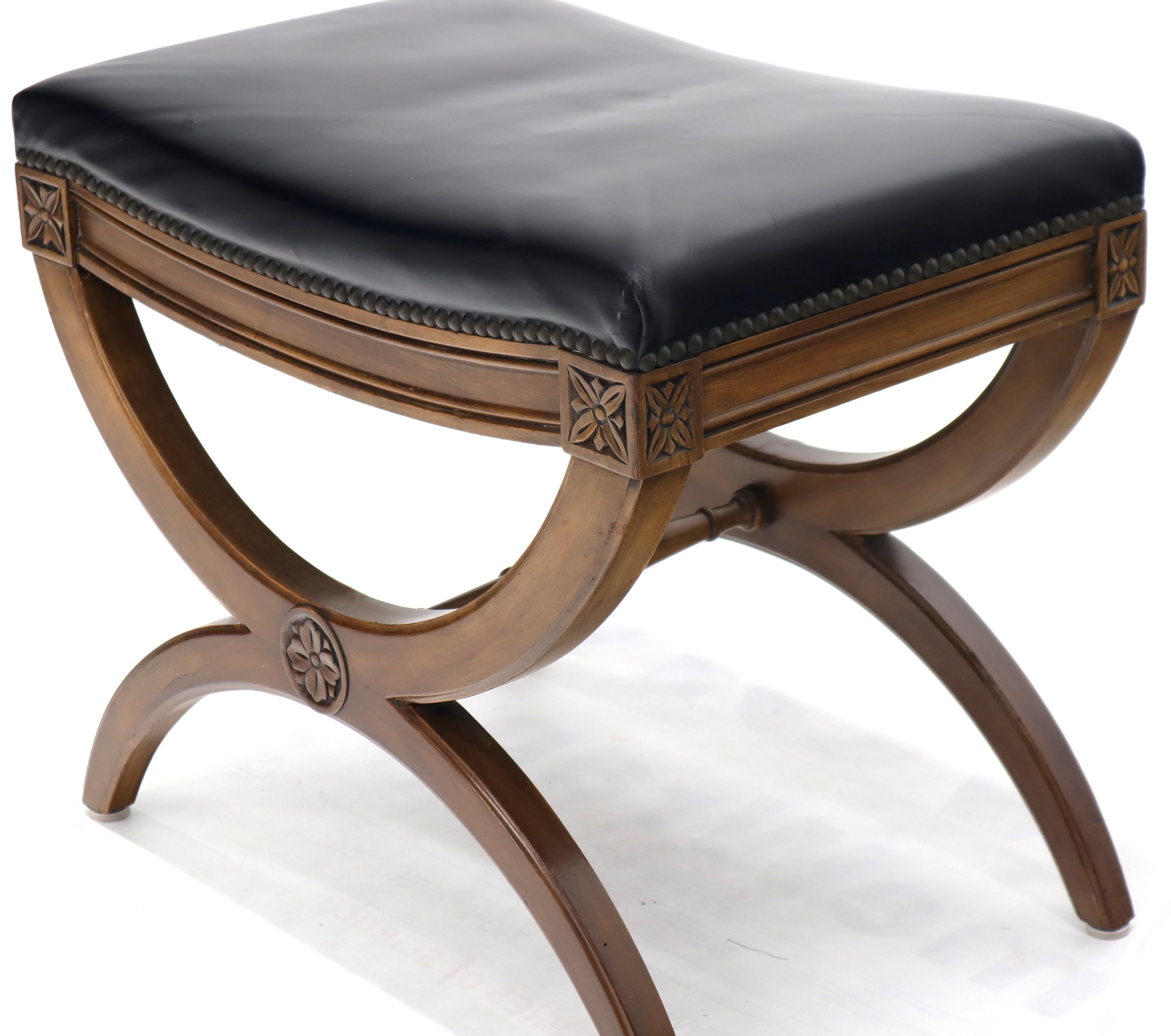 American Pair of Black Leather X-Bases Benches Ottomans Foot Stools by Kindel