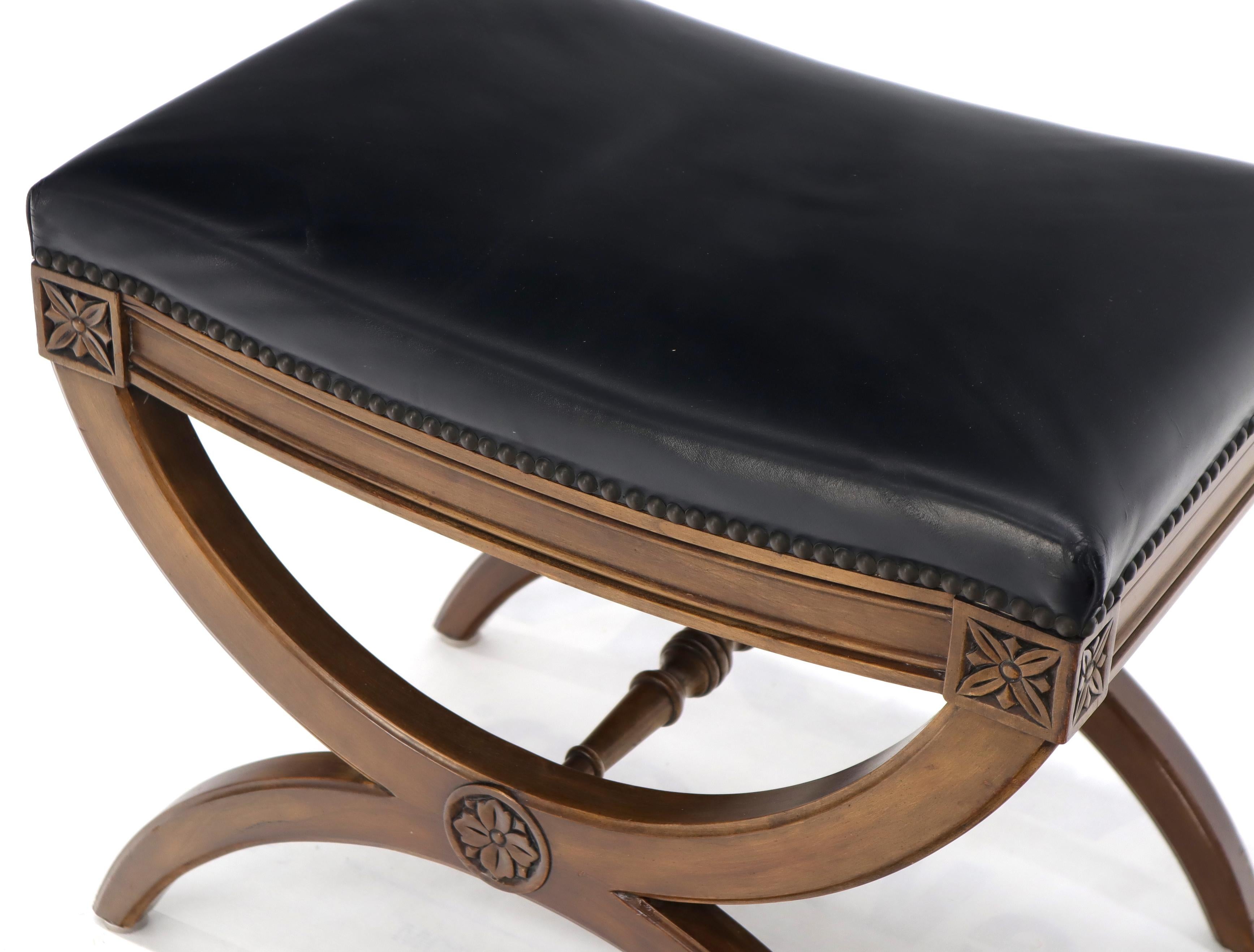 Lacquered Pair of Black Leather X-Bases Benches Ottomans Foot Stools by Kindel