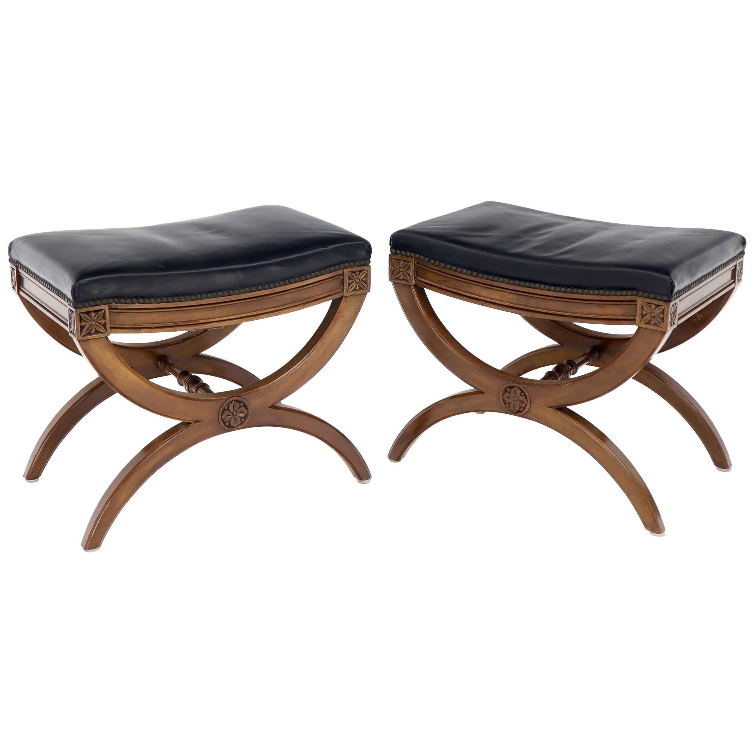 Pair of Black Leather X-Bases Benches Ottomans Foot Stools by Kindel