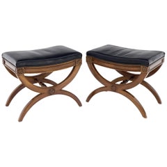 Pair of Black Leather X-Bases Benches Ottomans Foot Stools by Kindel