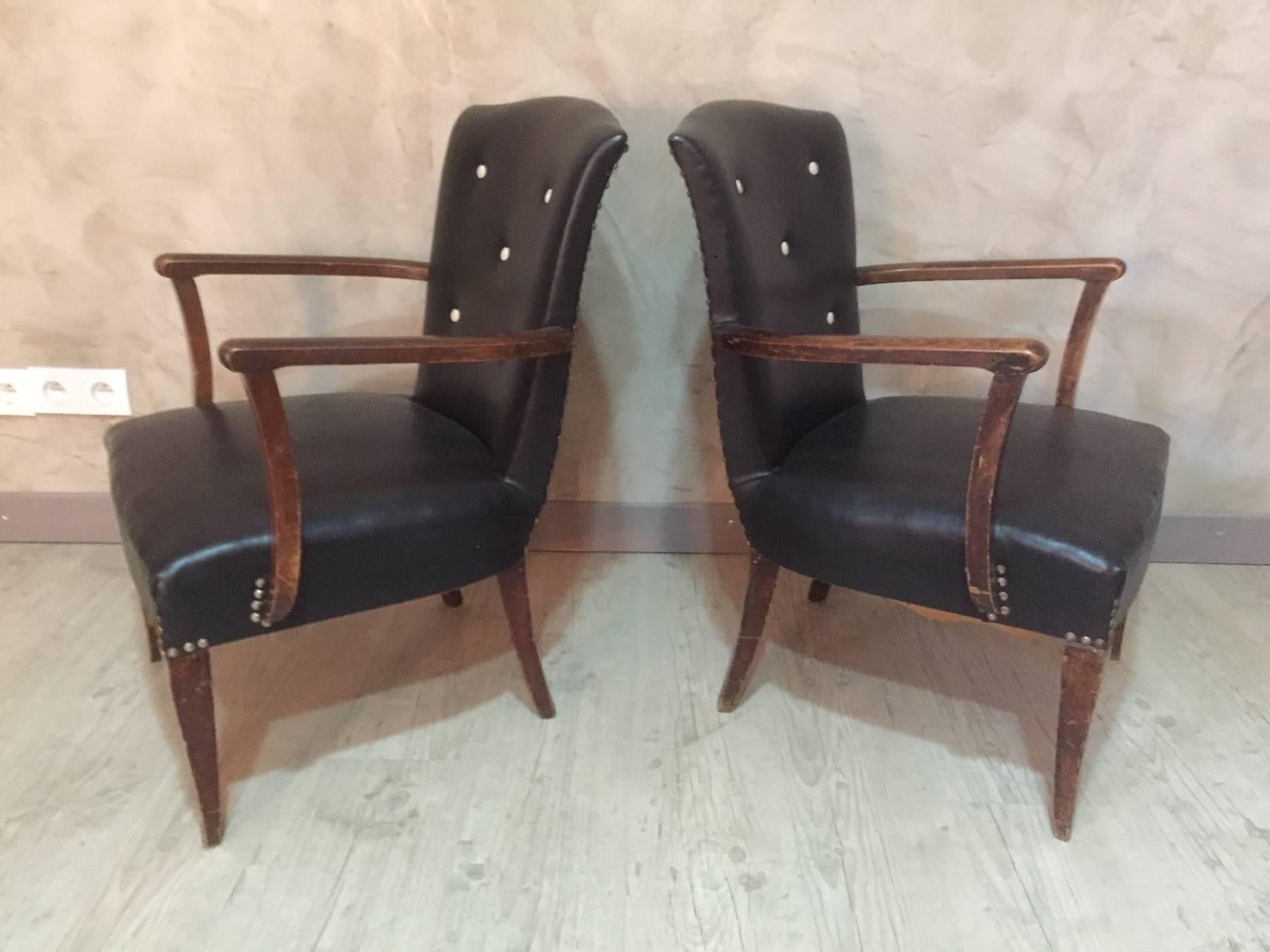 French Pair of Black Leatherette Lounge Chairs, 1940s