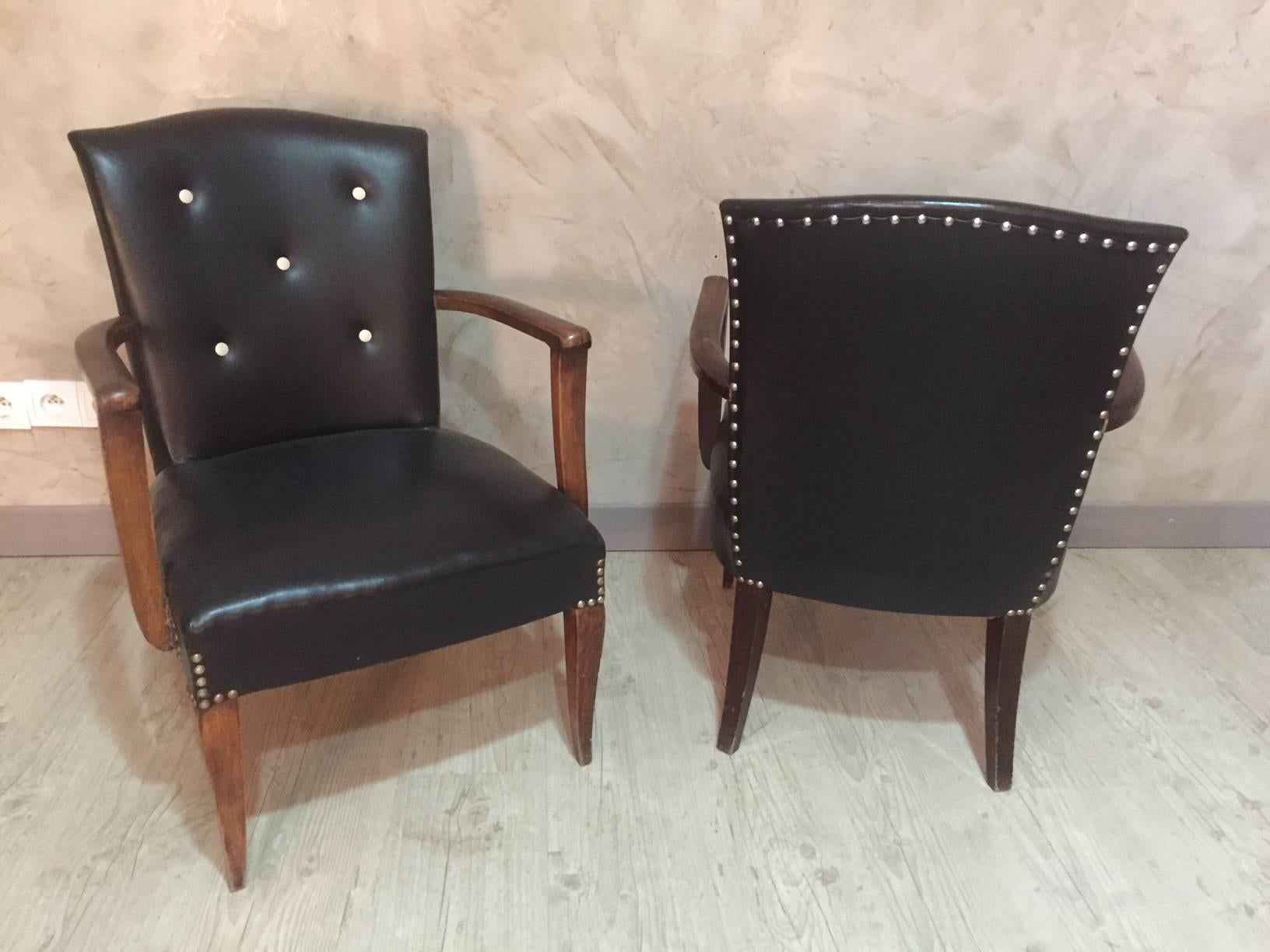Mid-20th Century Pair of Black Leatherette Lounge Chairs, 1940s