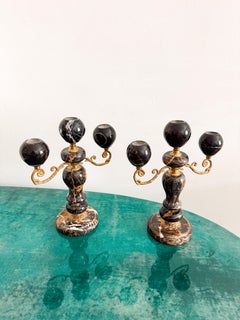 Pair of Black Marble and Brass Candelabra, Brecciated Stone Mid Century