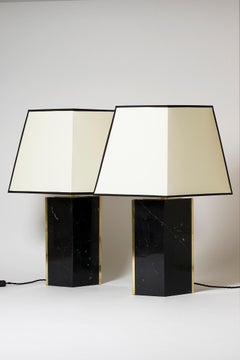 Pair of Black Marble and Brass Table Lamp, by Dorian Caffot de Fawes