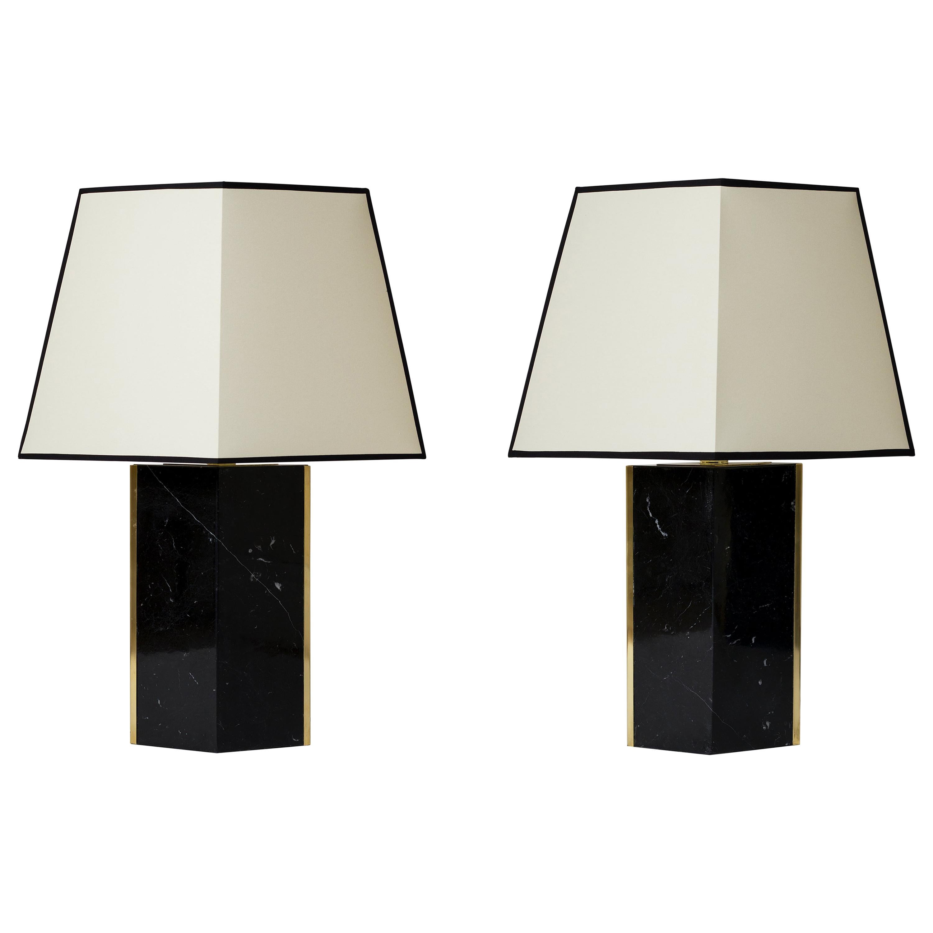 Pair of Black Marble and Brass Table Lamp, by Dorian Caffot de Fawes