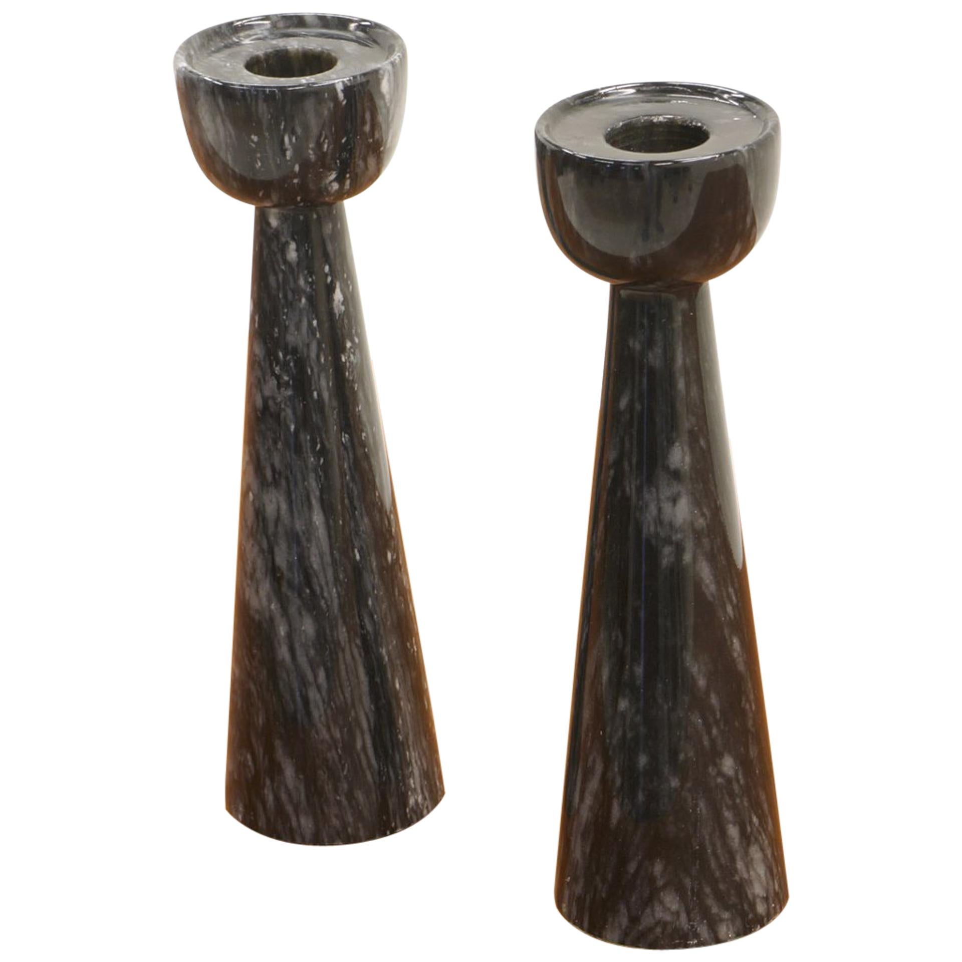 Pair of Black Marble Candlesticks Imported by Raymor, Italy, 1950s, Excellent