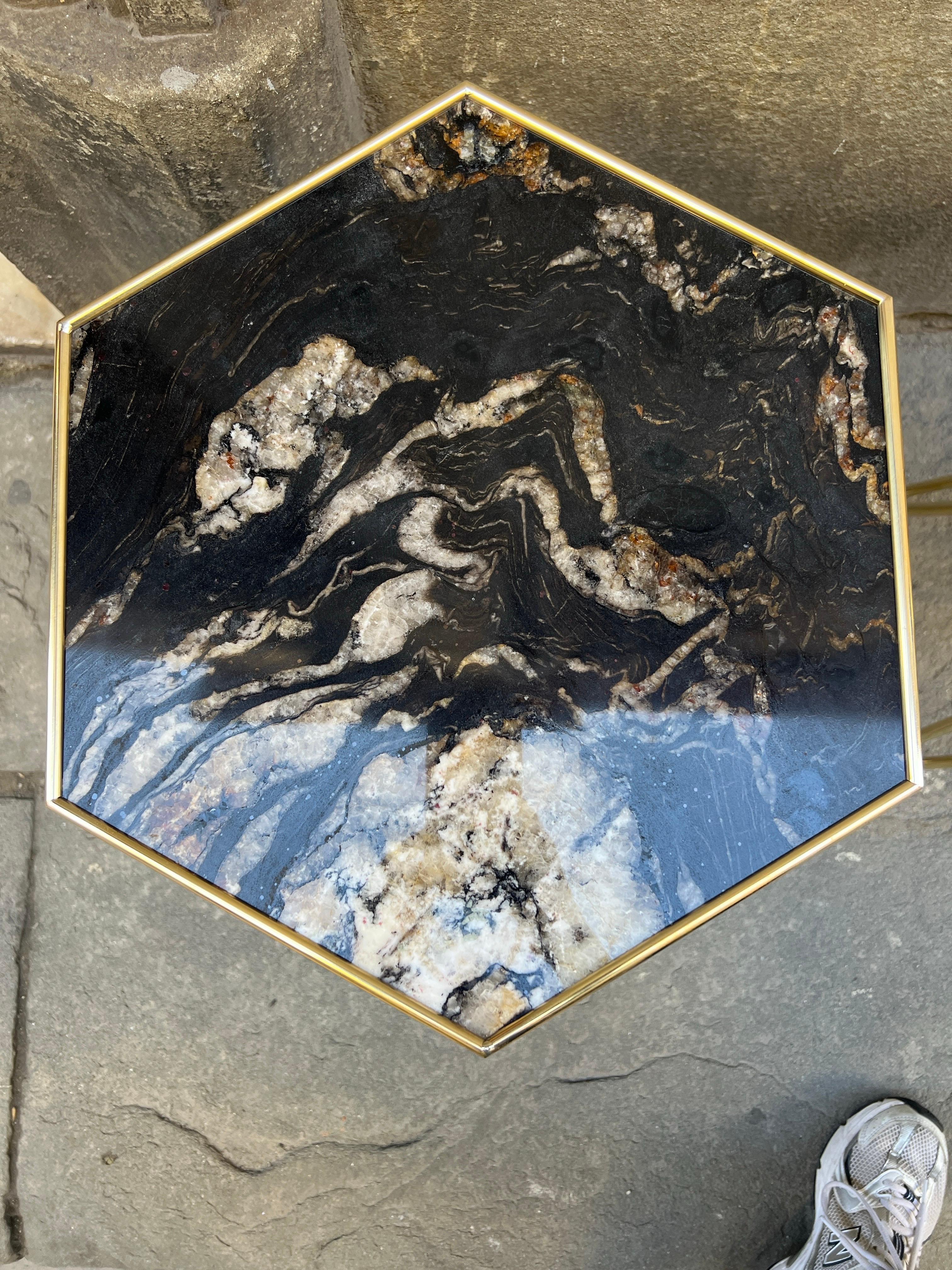 Pair of Black Marble Hexagonal Side/End Tables with Brass Structure 1980 4