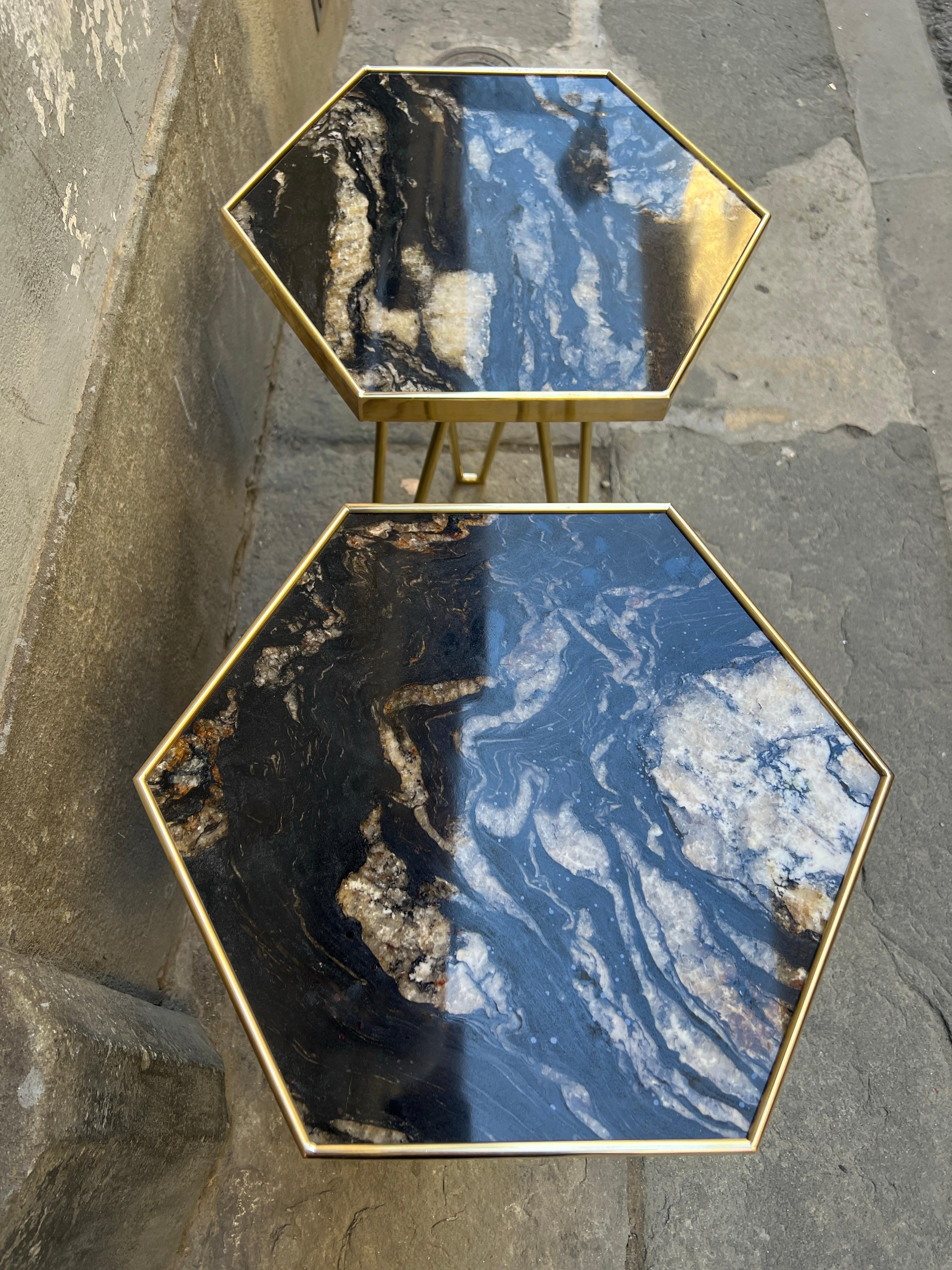Pair of Black Marble Hexagonal Side/End Tables with Brass Structure 1980 5
