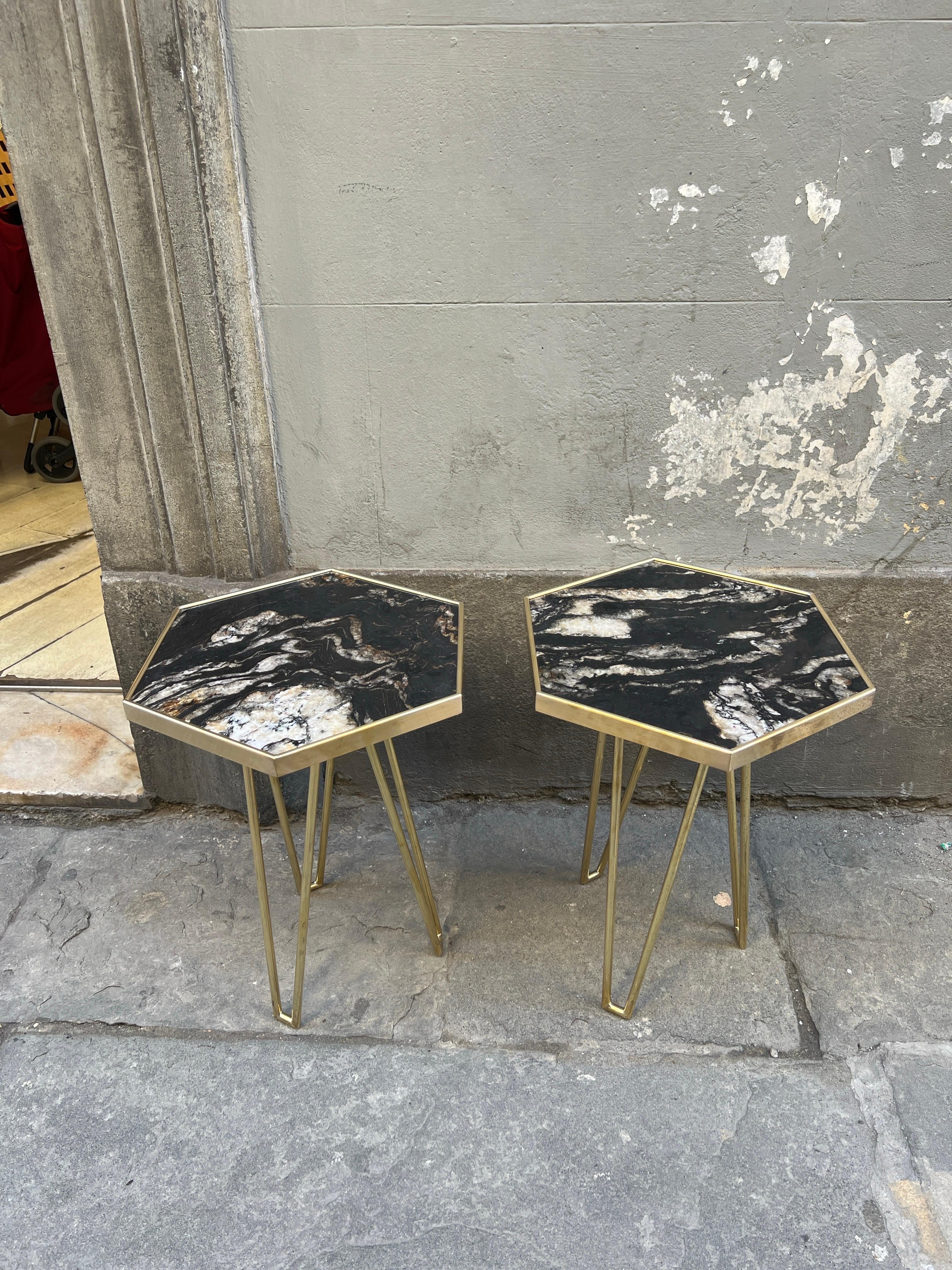 Pair of Black Marble Hexagonal Side/End Tables with Brass Structure 1980 7