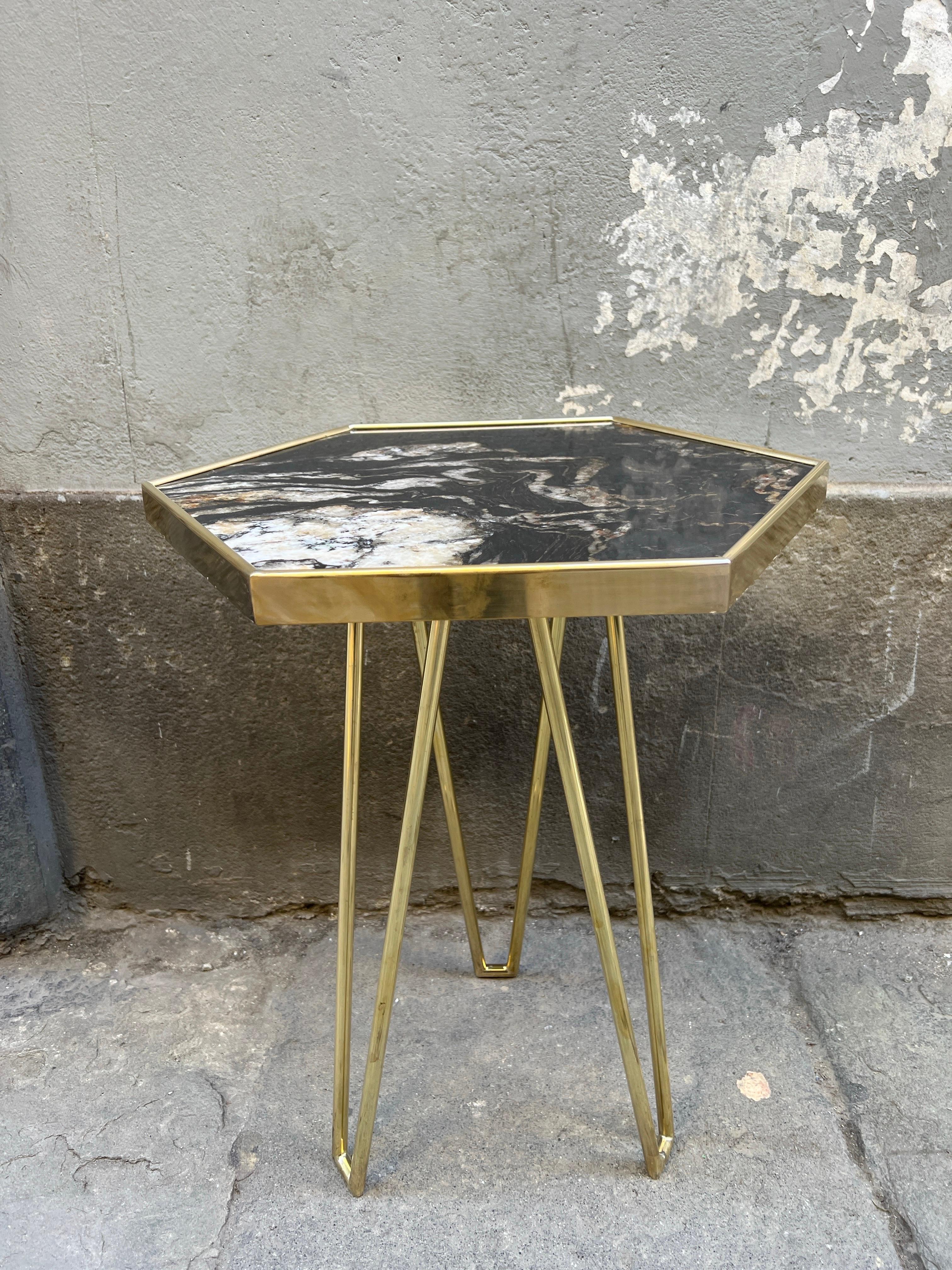 Pair of Black Marble Hexagonal Side/End Tables with Brass Structure 1980 8