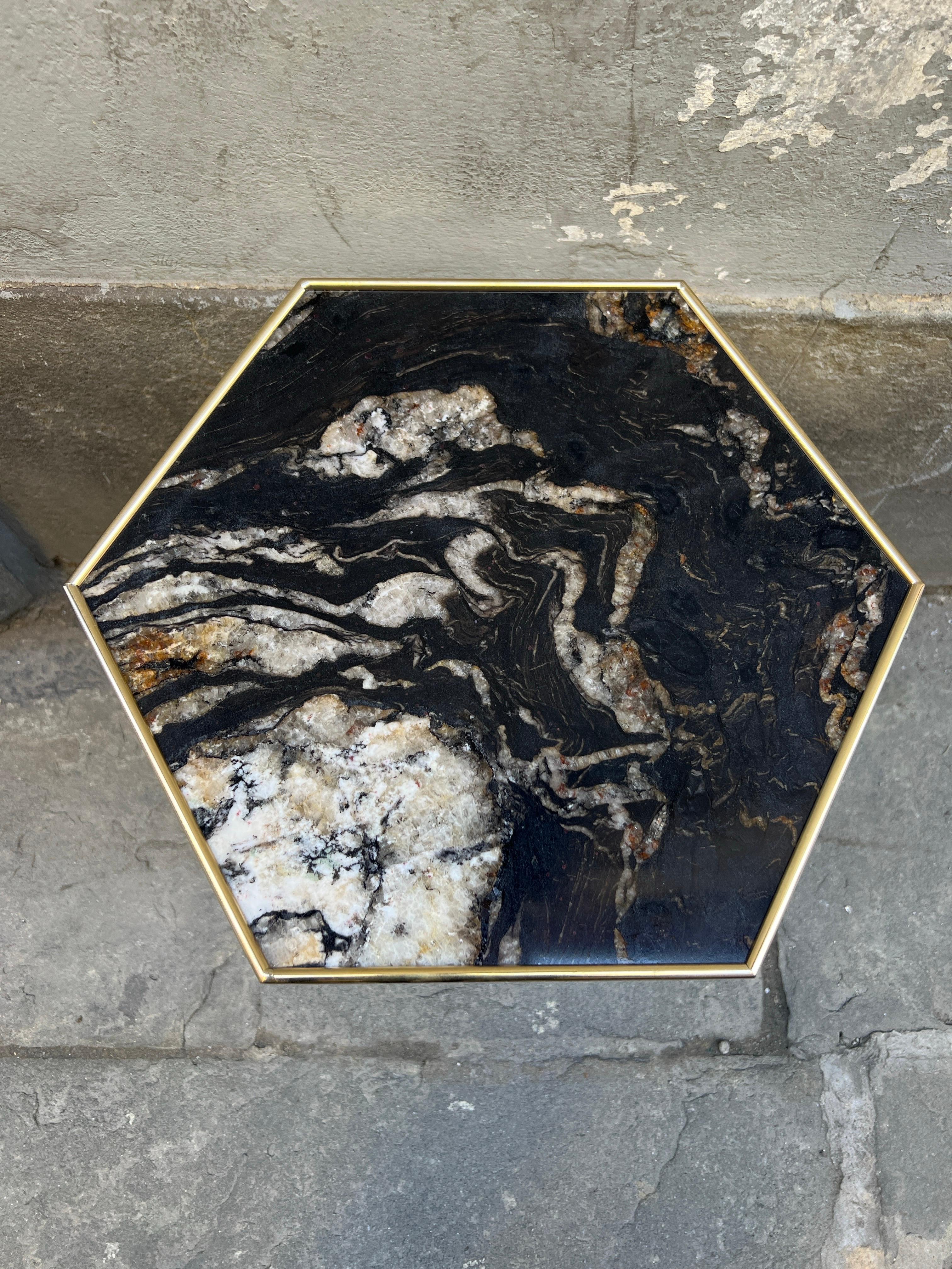 Pair of Black Marble Hexagonal Side/End Tables with Brass Structure 1980 9