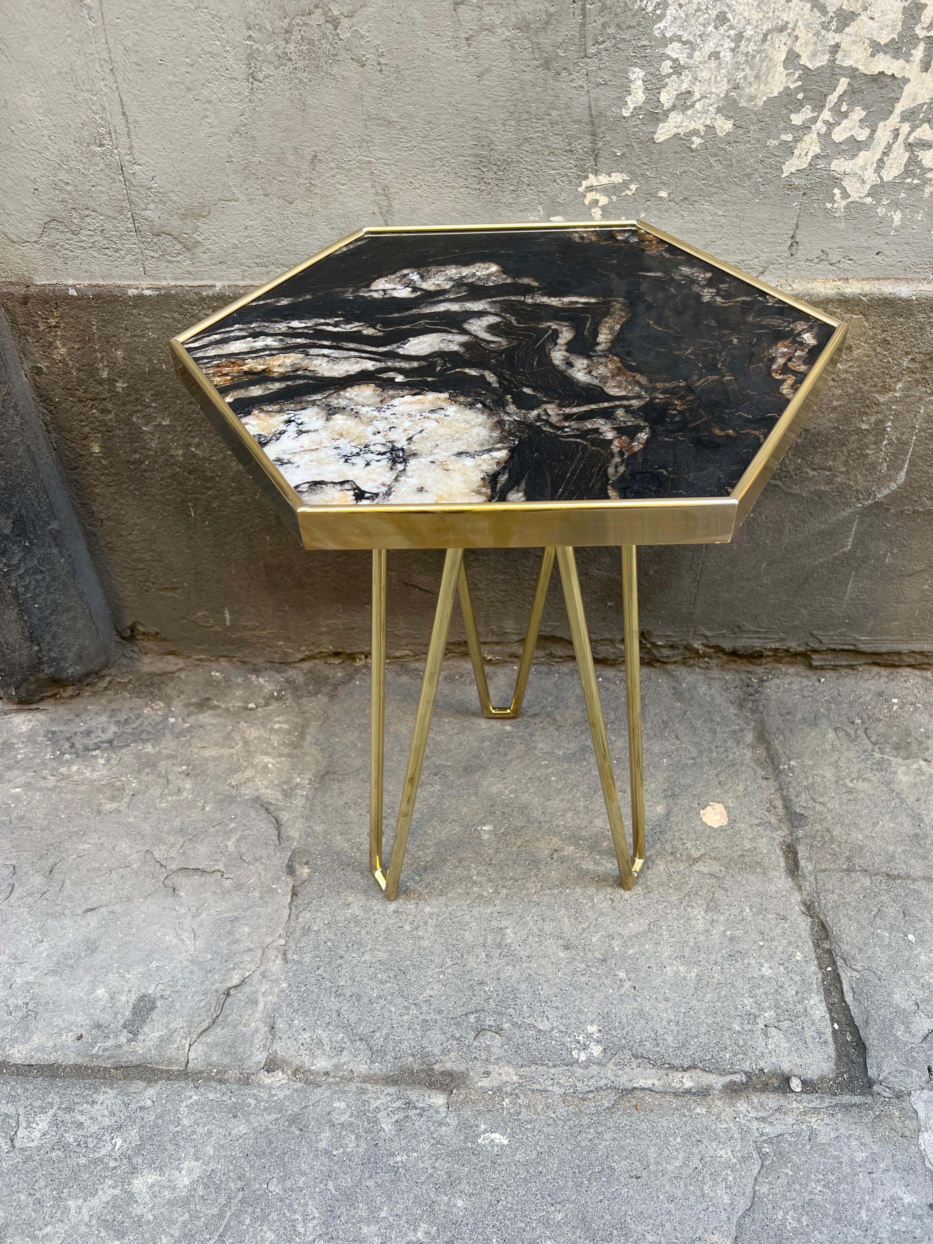Pair of Black Marble Hexagonal Side/End Tables with Brass Structure 1980 10