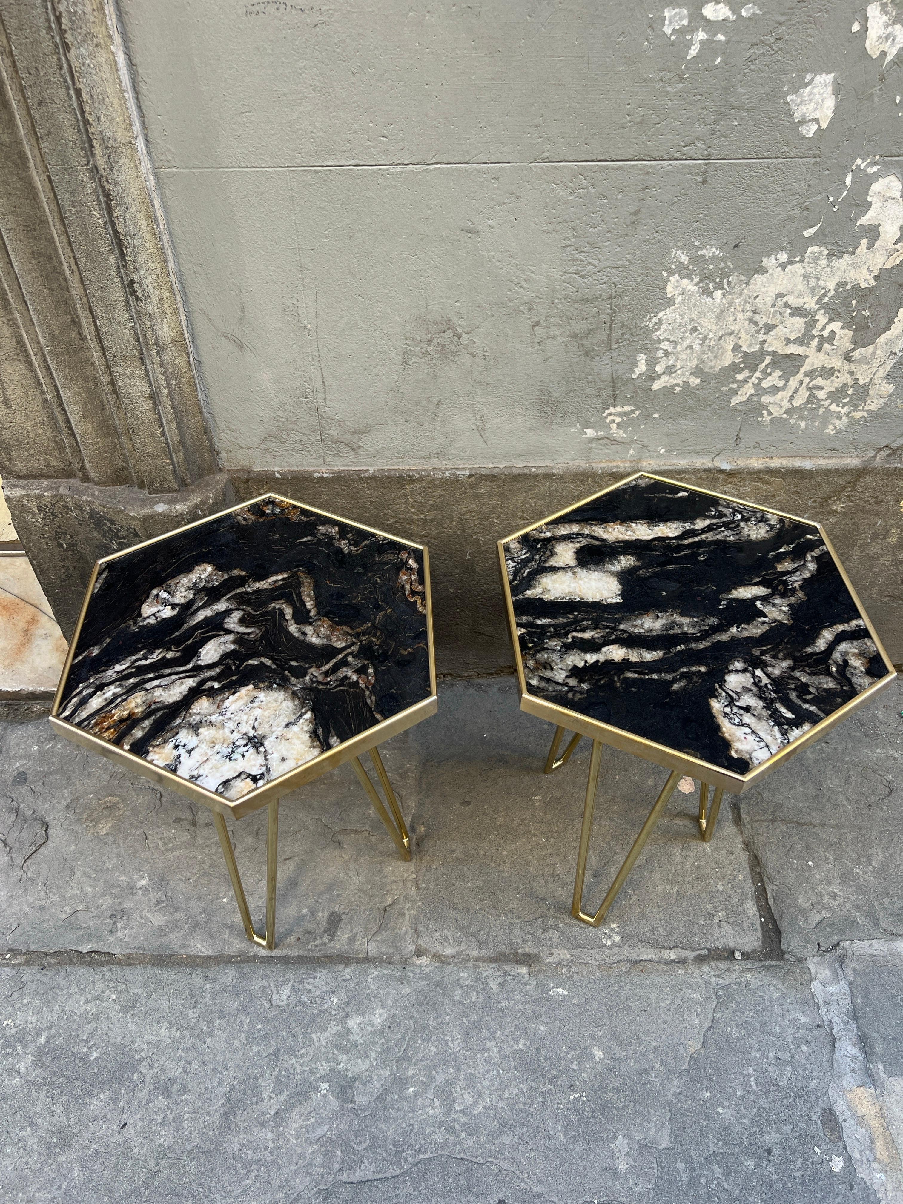 Italian Pair of Black Marble Hexagonal Side/End Tables with Brass Structure 1980