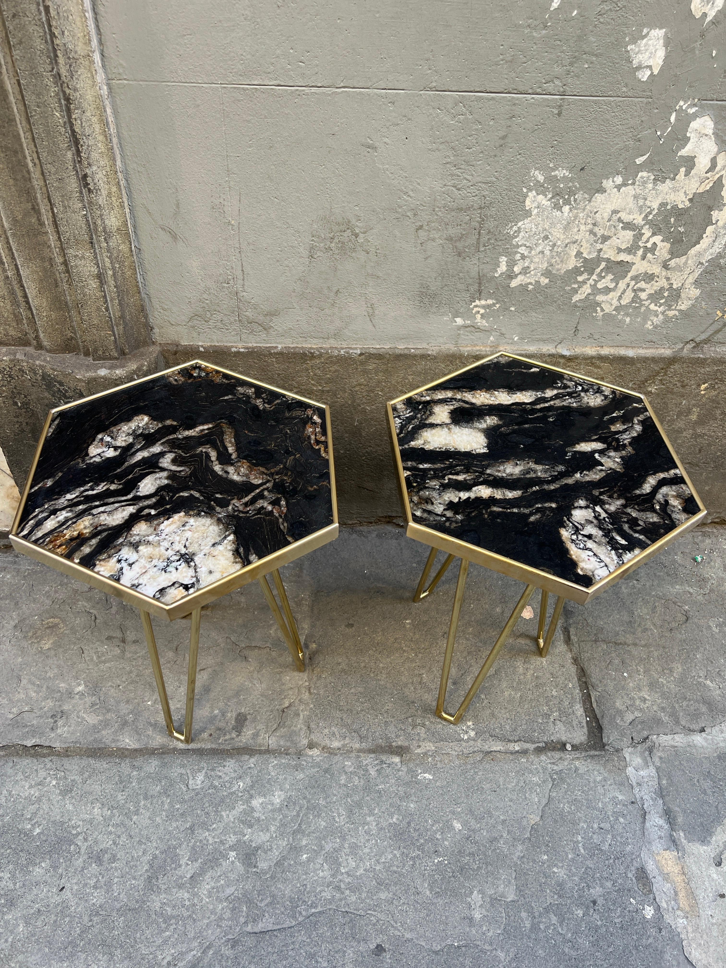Late 20th Century Pair of Black Marble Hexagonal Side/End Tables with Brass Structure 1980
