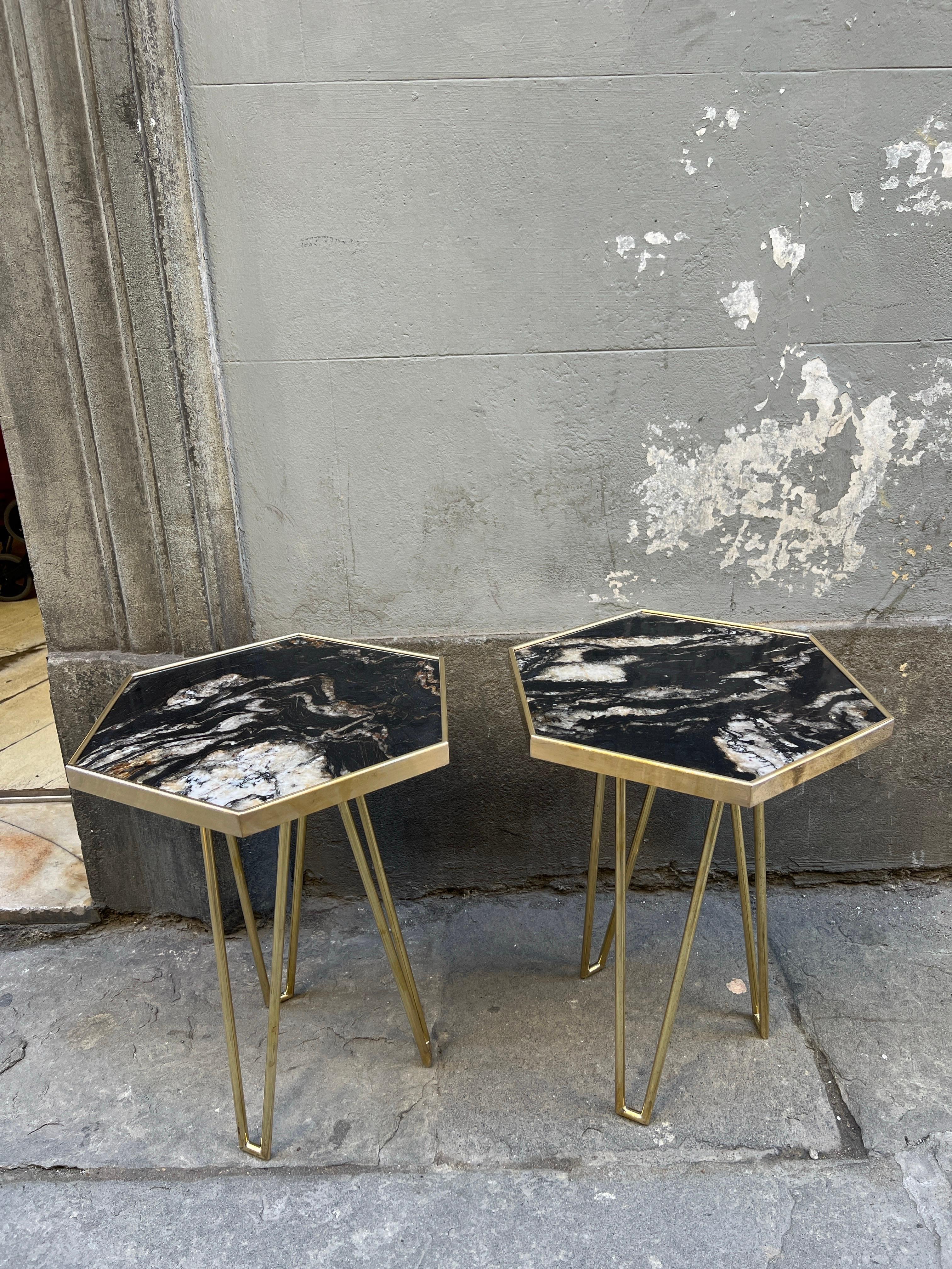 Pair of Black Marble Hexagonal Side/End Tables with Brass Structure 1980 1