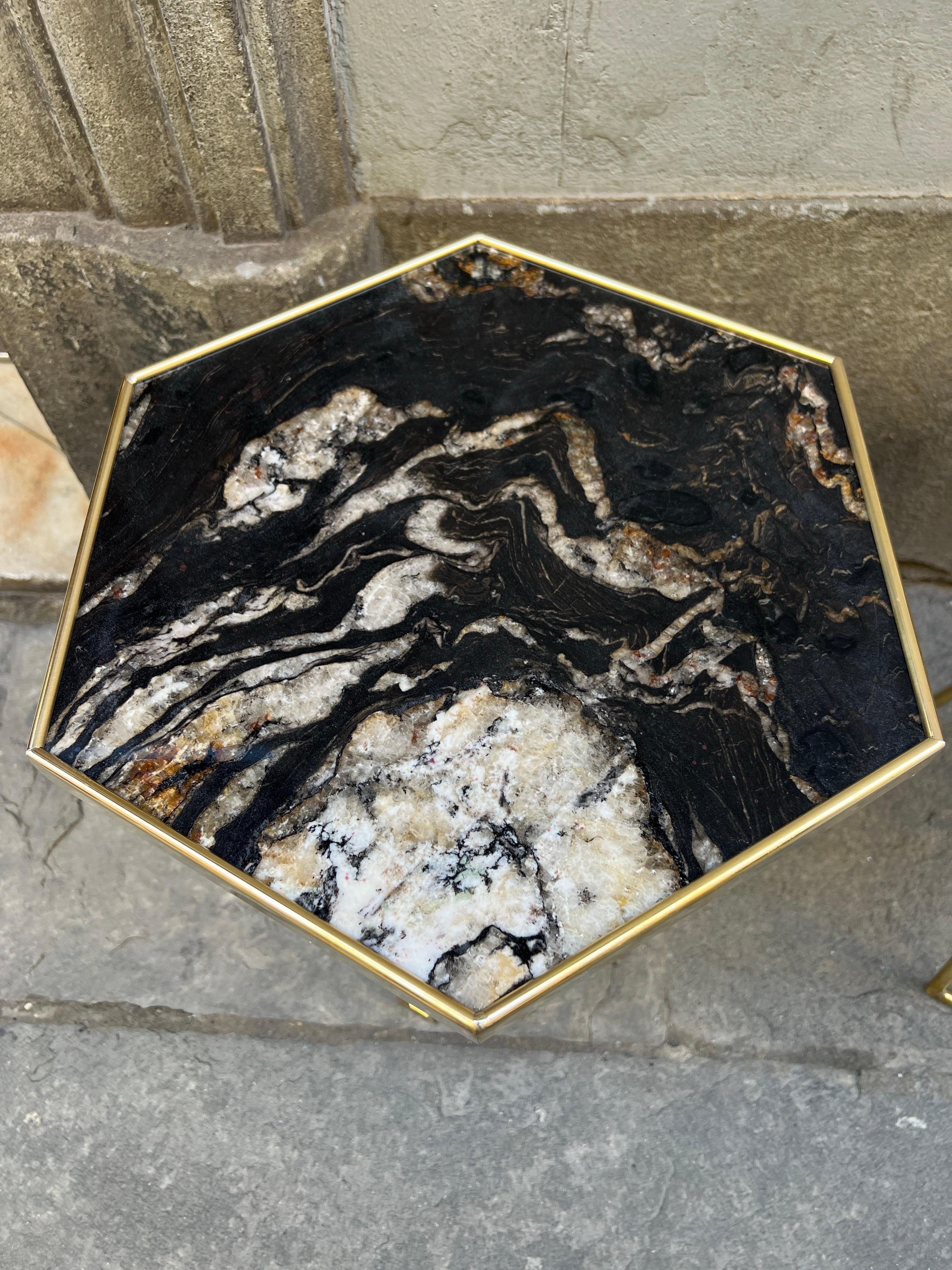 Pair of Black Marble Hexagonal Side/End Tables with Brass Structure 1980 2
