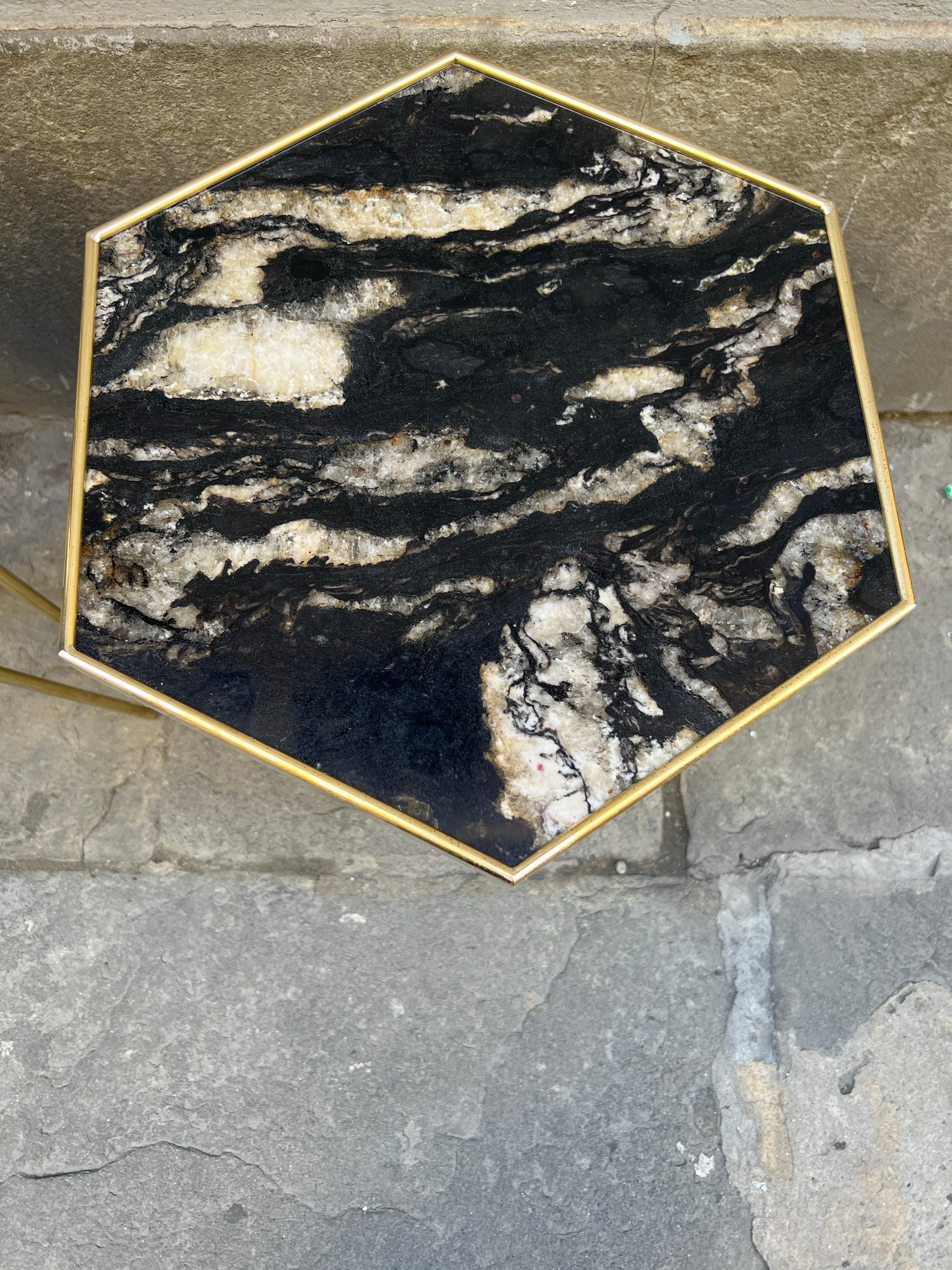 Pair of Black Marble Hexagonal Side/End Tables with Brass Structure 1980 3