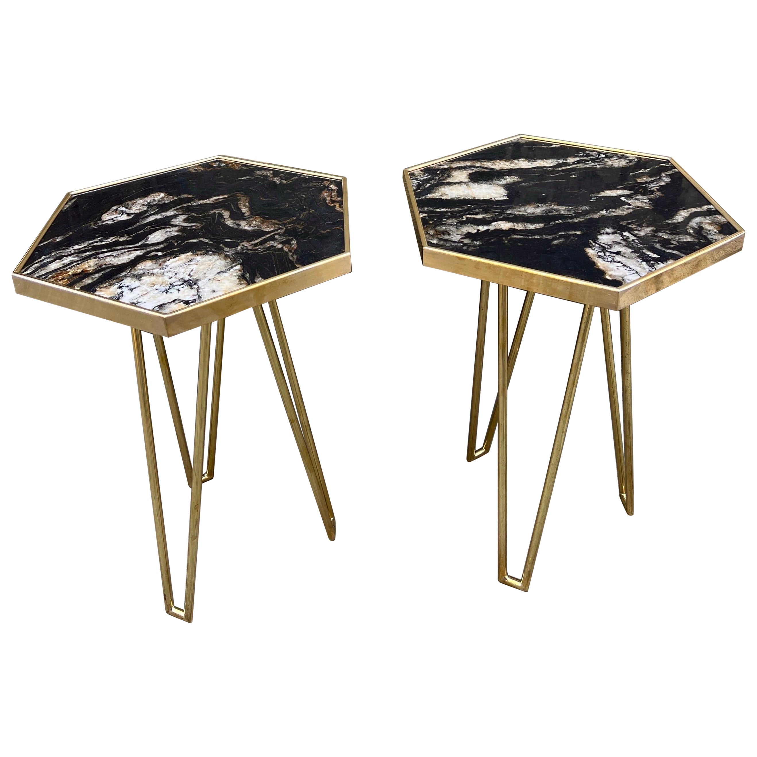 Pair of Black Marble Hexagonal Side/End Tables with Brass Structure 1980