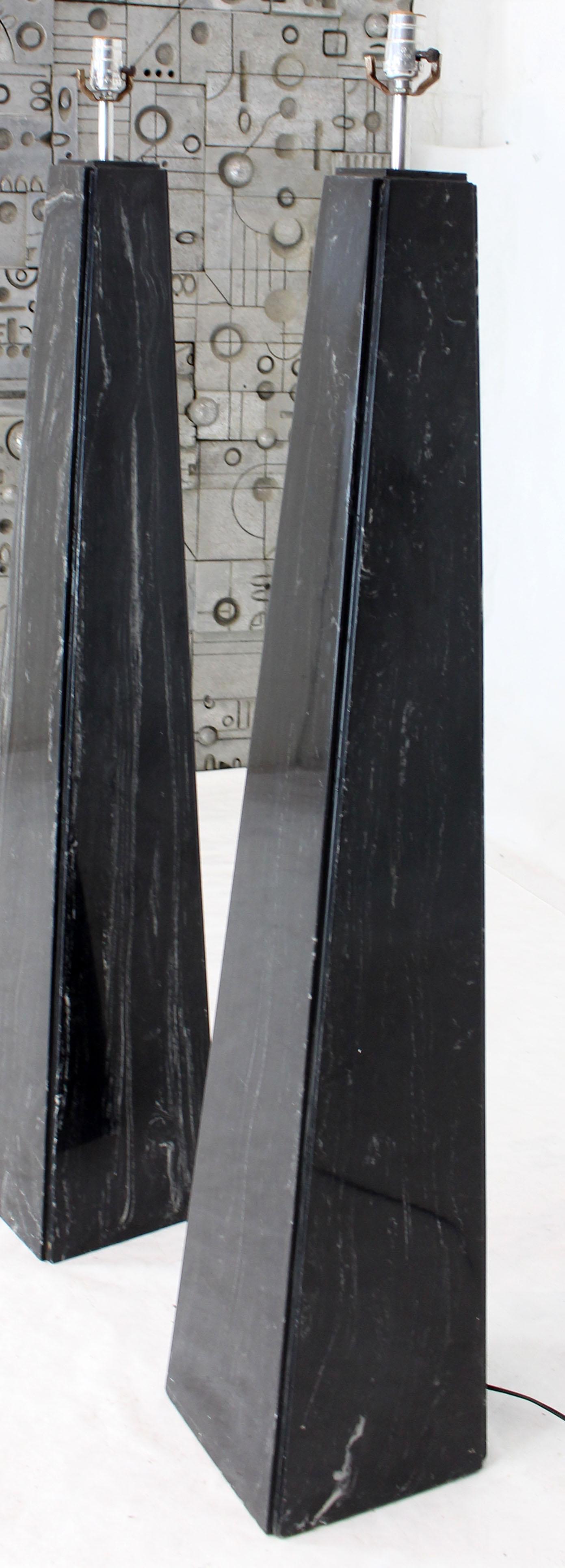 Polished Pair of Black Marble Obelisk Shape Floor Lamps For Sale