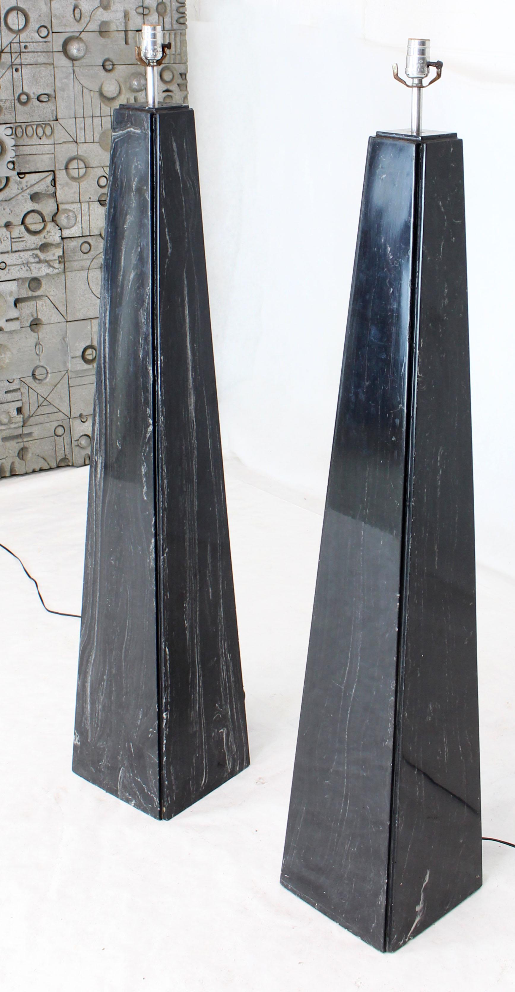 Pair of Black Marble Obelisk Shape Floor Lamps In Good Condition For Sale In Rockaway, NJ