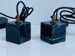 Pair of Faux Marble Pendant Lights with Brass Accents