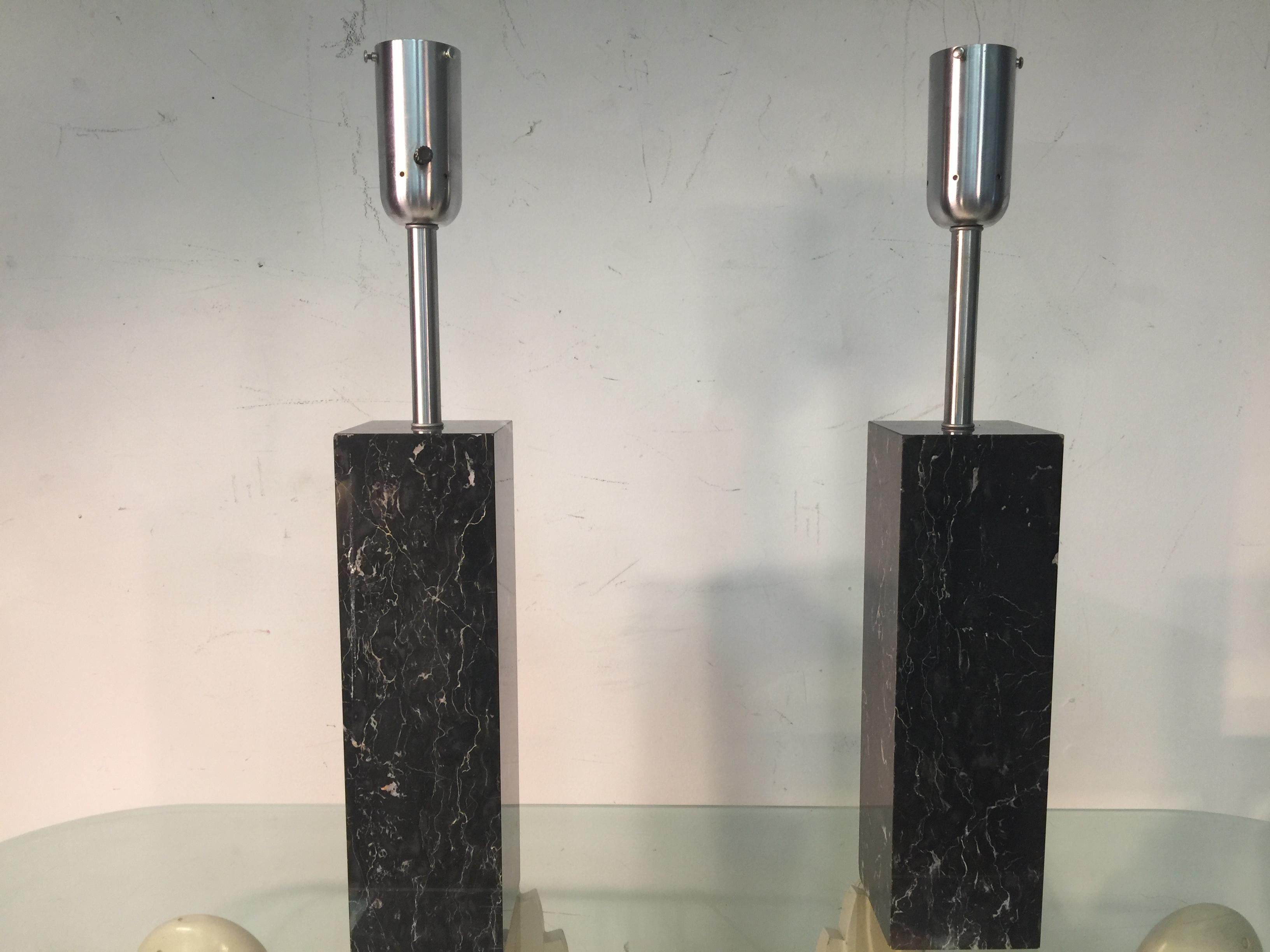 Pair of Rectangular Black Marble Lamps Designed by Nessen Lamps In Good Condition For Sale In Allentown, PA